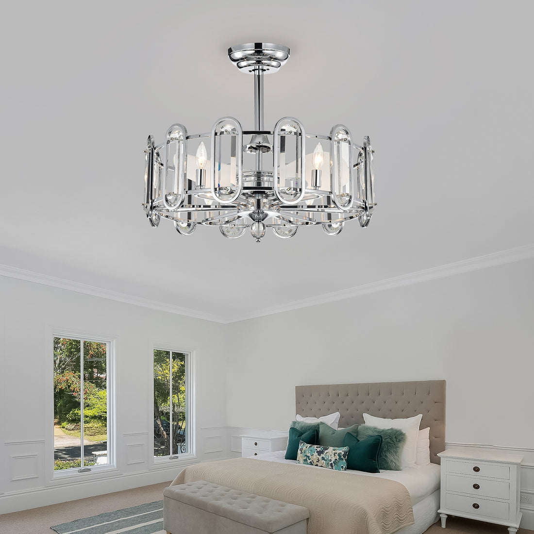 Dia 26 Inch Crystal Chandelier Ceiling Fan Vintage Fandelier Flush Mounted Invisible For Bedroom Dining Room Living Room Kitchen Farmhouse Entry, Chrome Chrome American Design,American Traditional,Retro,Traditional,Vintage Crystal Iron