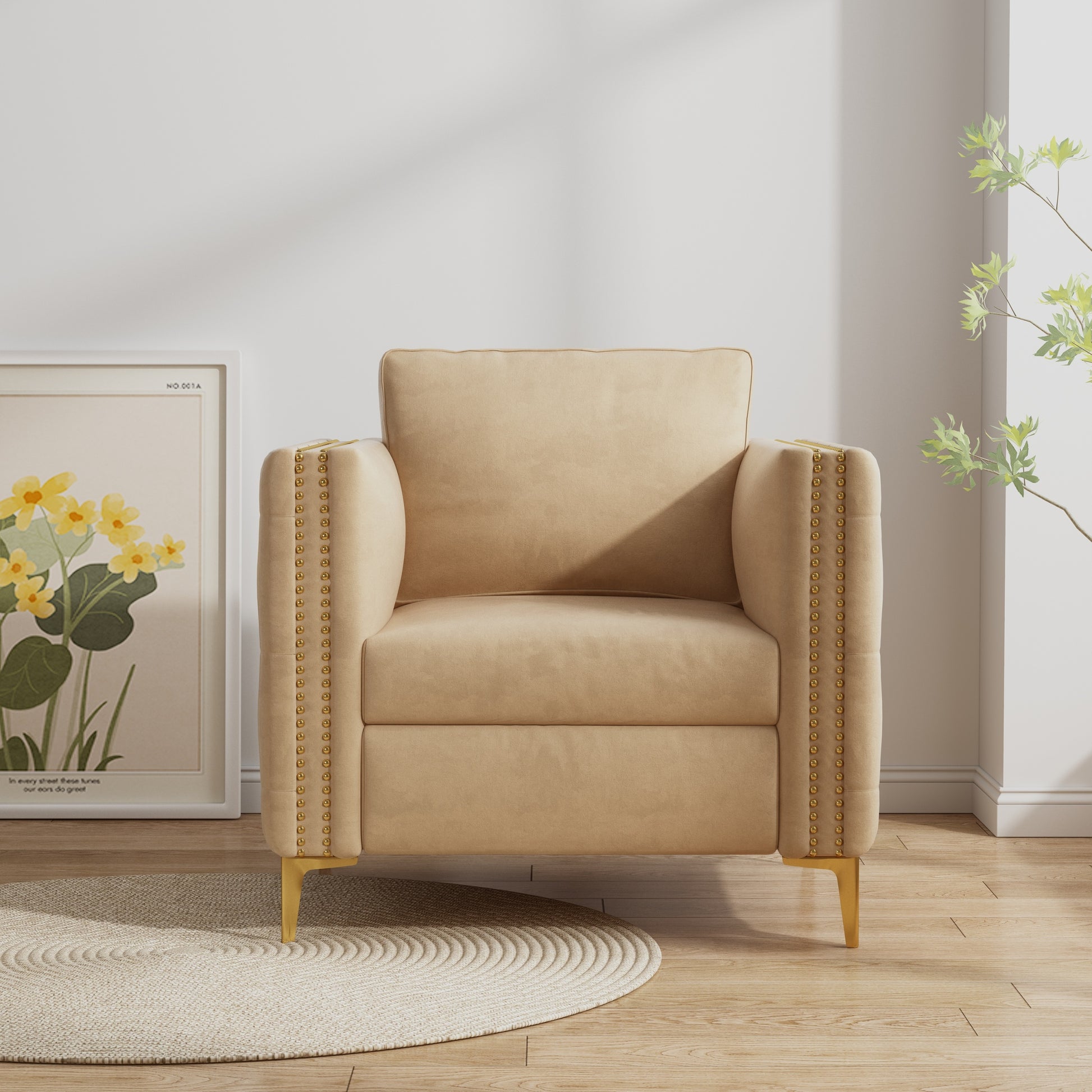 Accent Chair For Living Room Upholstered Arm Chair With Metal Legs Velvet Khaki Khaki Foam Fabric