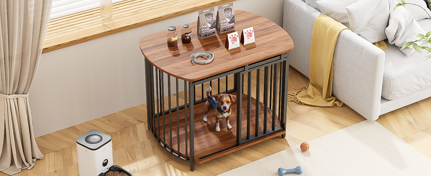 31.5" Furniture Style Dog Crate For Small And Medium Dogs, Wooden Cage Indoor Kennel Furniture, Modern Dog Crate End Table With Double Doors, Brown Brown Pet Barrier Medium 26 40 Lbs Iron,Mdf