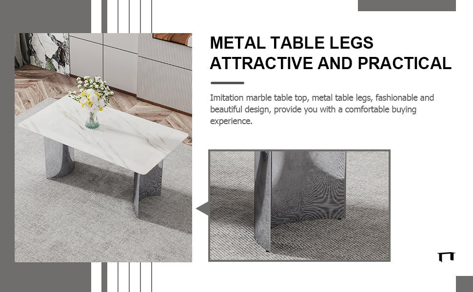 Modern Minimalist Dining Table. Imitation Marble Glass Sticker Desktop, Stainless Steel Legs, Stable And Beautiful. 4 Black Pu Seats. 63 "* 35.4" * 29.5 "Dt 69 C 1162 Silver Glass