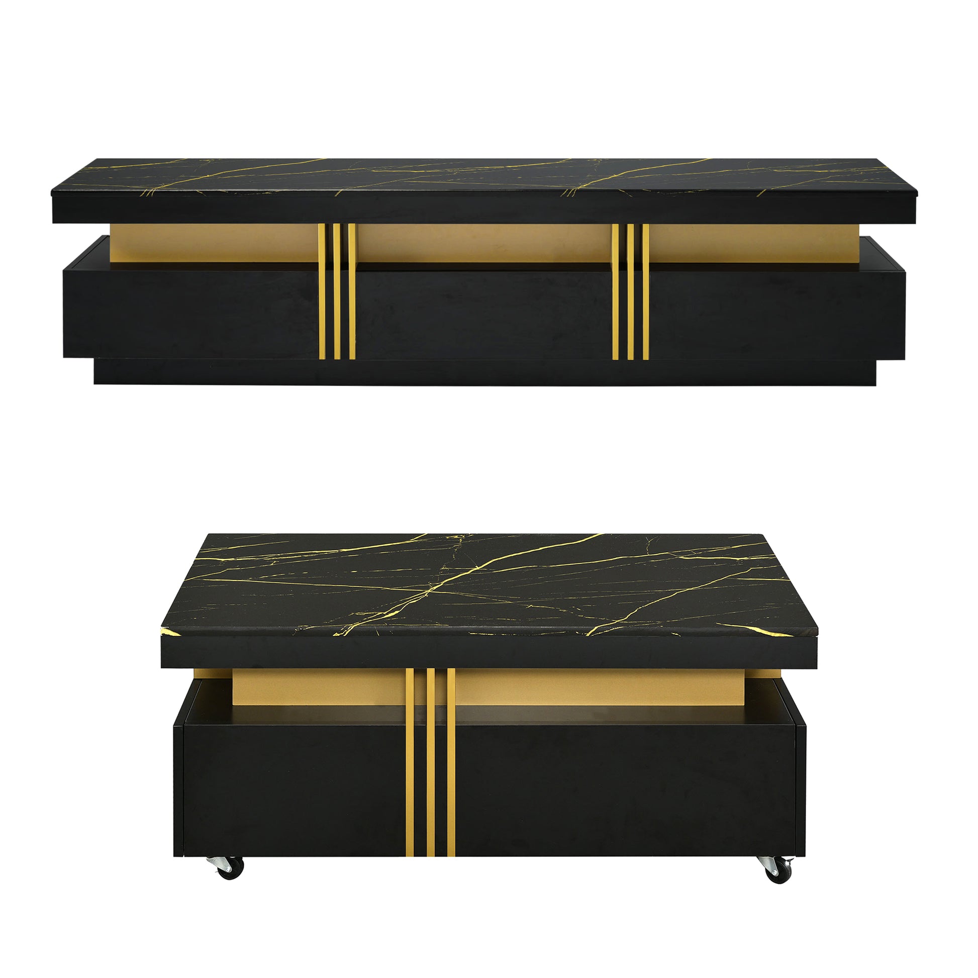 Modern Luxury Tv Stand And Coffee Table Set Of 2, High Gloss Faux Marble Top, Tv Stand For Tvs Up To 78'', Rectangle Coffee Table With Caster Wheels For Living Room, Black Black Gold 70 79 Inches Mdf