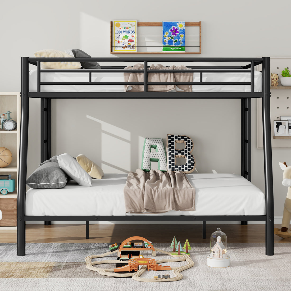 Full Xl Over Queen Metal Bunk Bed With Ladder And Guardrails, Black Expected Arrival Time: 9.7 Box Spring Not Required Full Xl Black Metal Metal