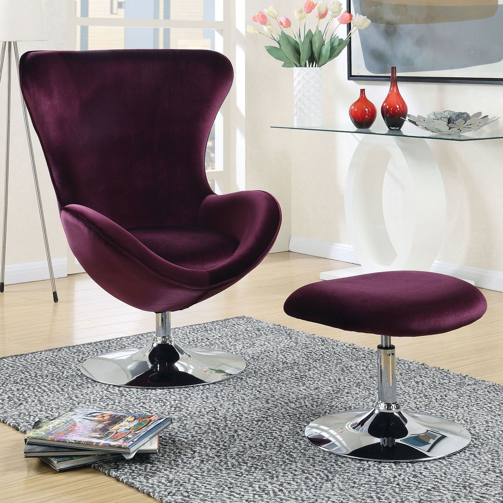 Purple Flannelette Fabric Accent Chair W Ottoman Contemporary Modern Living Room Furniture Chic High Back Chair Purple Primary Living Space Contemporary,Modern Fabric Metal