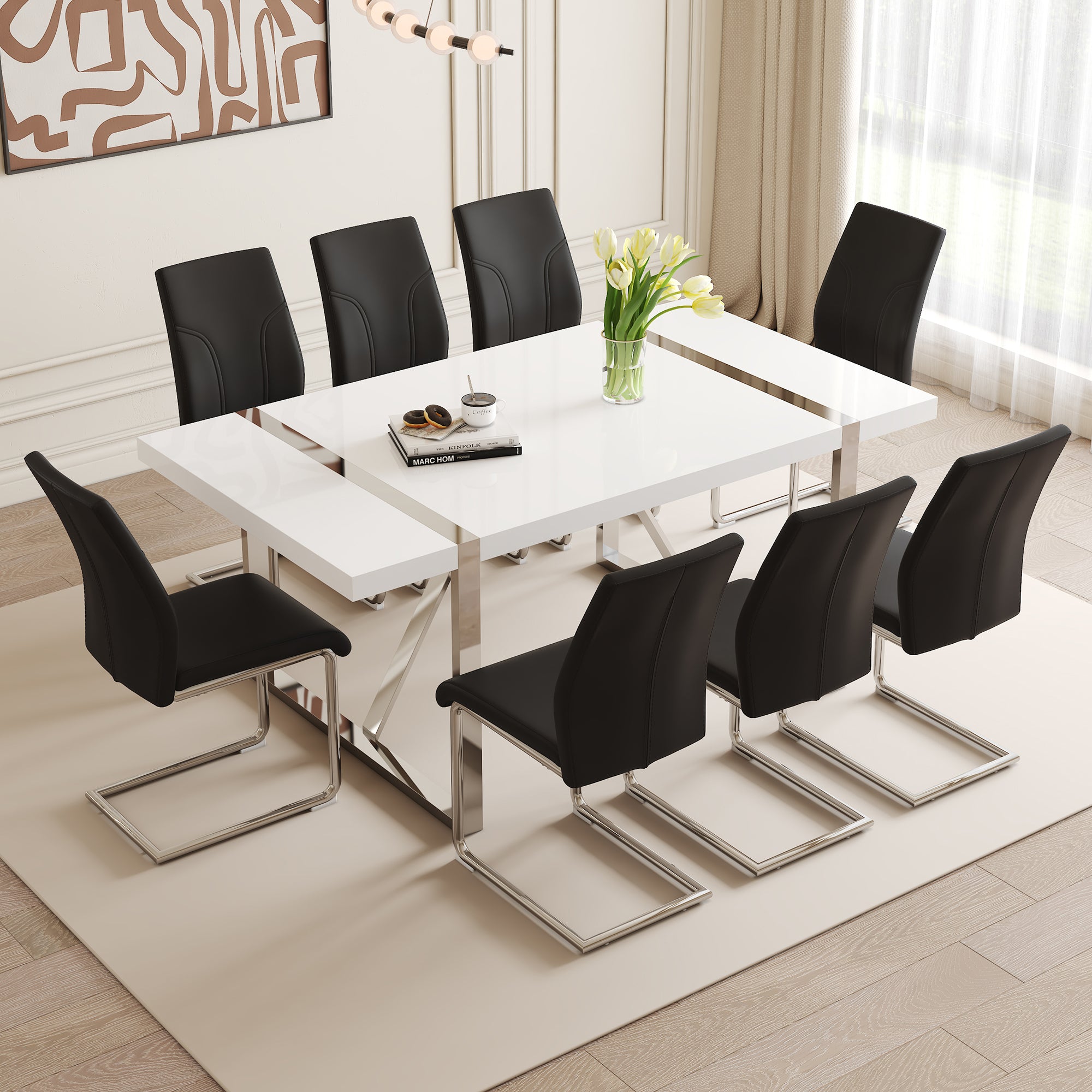 Table And Chair Set.71"X39.3" White Mdf Painting Dining Table Set With 8 Black Pu Chairs.Showcasing A Modern And Stylish Look.Suitable For Dining Room.Mdf Painting,Iron Pipe Plating,Pu Chiairs.