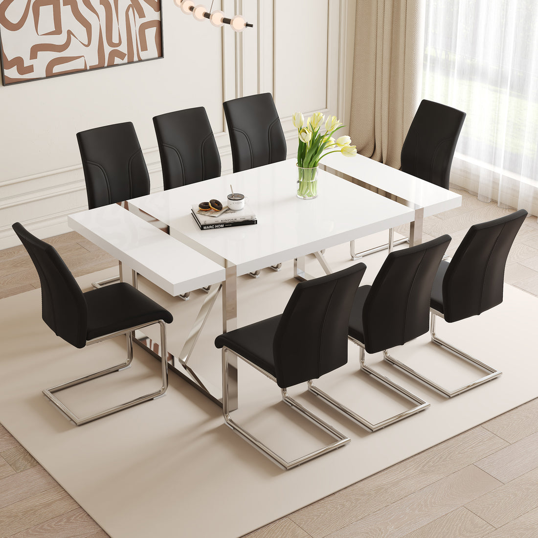 Table And Chair Set.71"X39.3" White Mdf Painting Dining Table Set With 8 Black Pu Chairs.Showcasing A Modern And Stylish Look.Suitable For Dining Room.Mdf Painting,Iron Pipe Plating,Pu Chiairs.