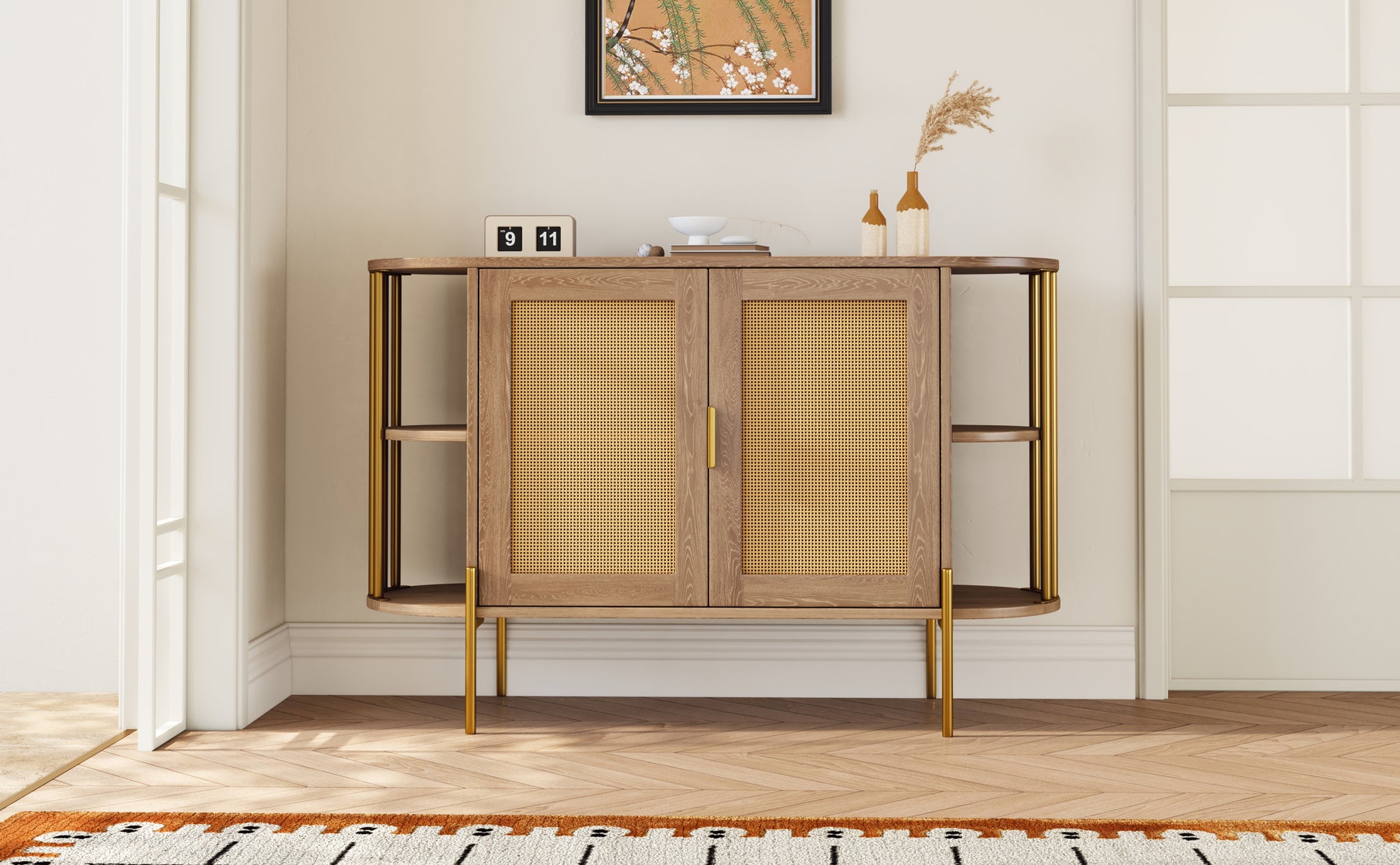 2 Door Elegant Curved Dining Cabinet With Gold Trim And Woven Rattan Doors For Dining Room Natural Natural Particle Board