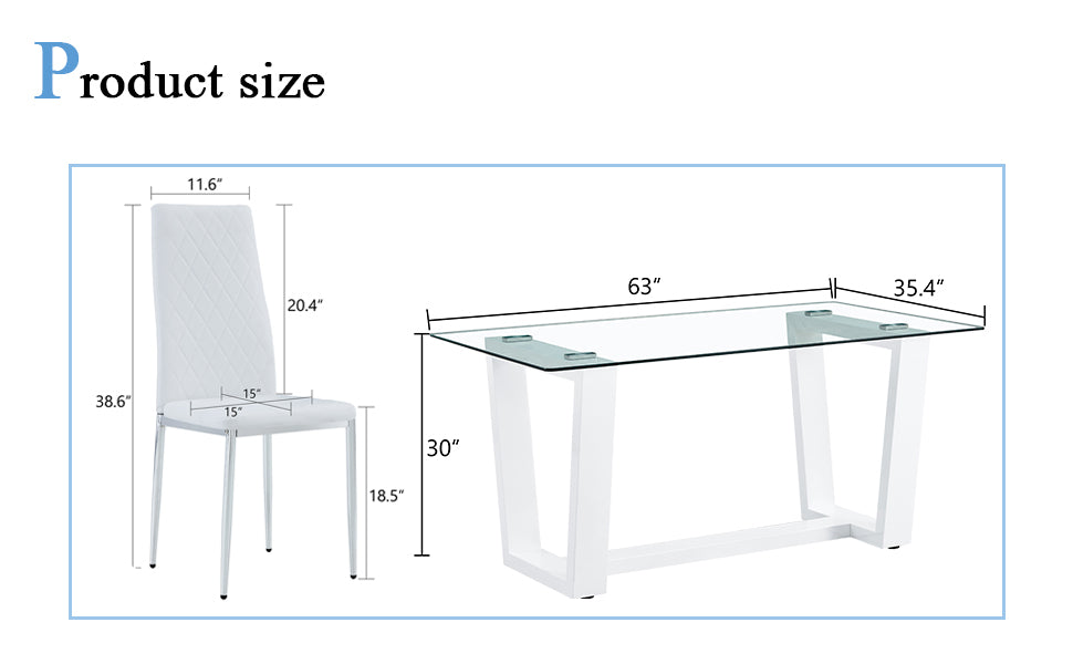 Table And Chair Set.A Rectangular Dining Table Features With Tempered Glass Top And Sleek White Mdf Stand.Paried With 6 Pu Chairs With Checkered Armless High Back And Electroplated Metal Legs. White Seats 6 Mdf Glass