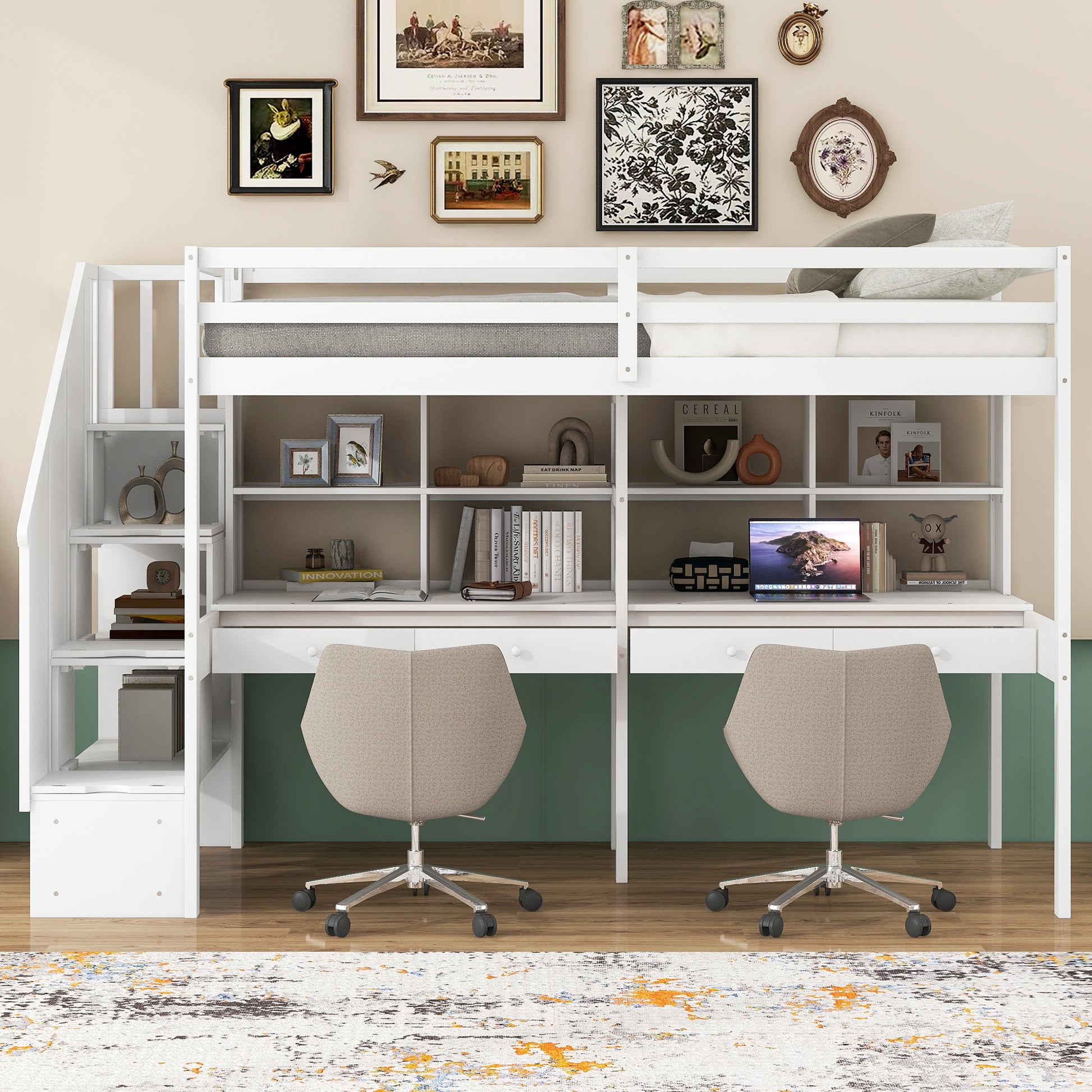 Twin Size Loft Bed Frame With Storage Staircase And Double Desks And Shelves,White Twin White Solid Wood Mdf