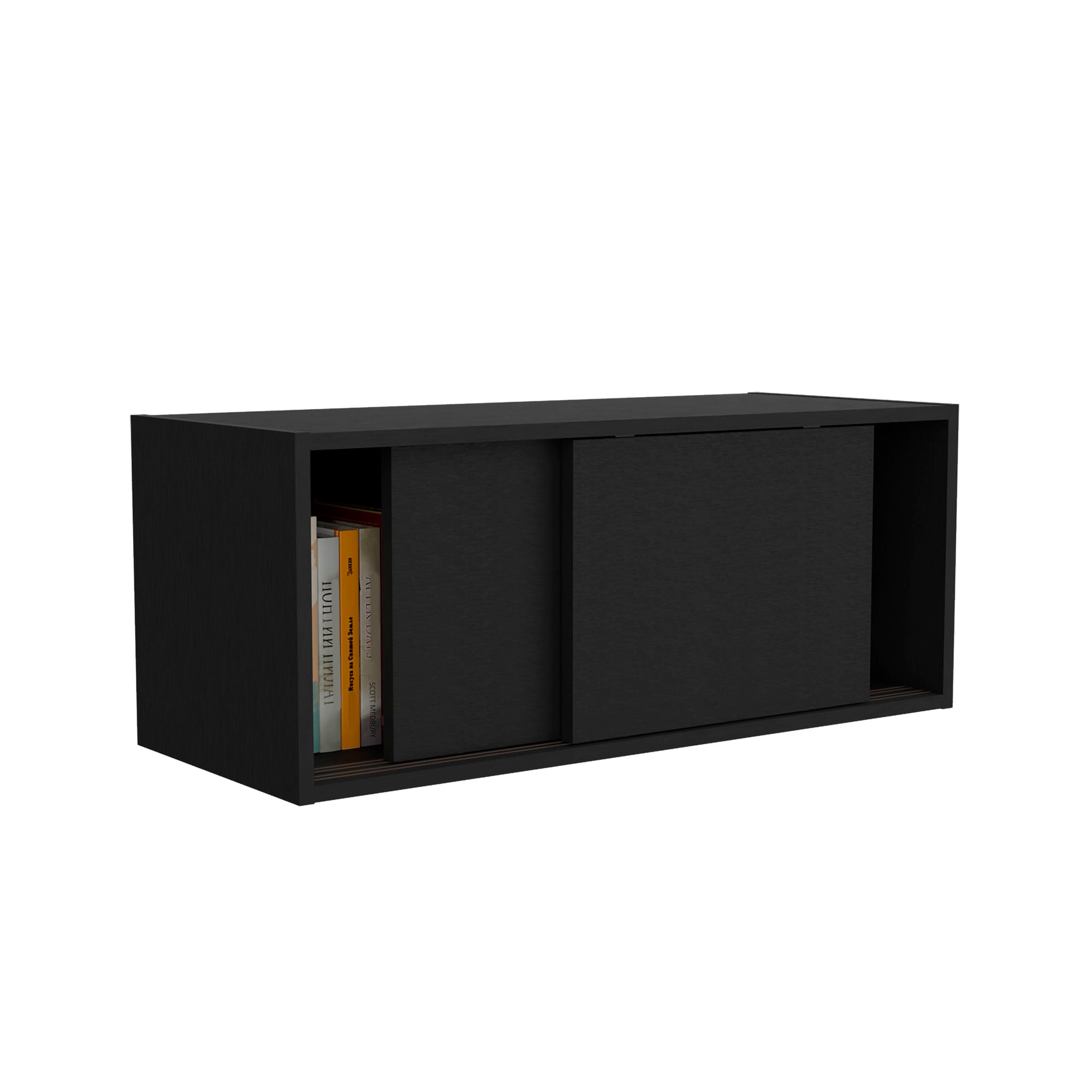 Note 32"W X 13" H Wall Cabinet With Sliding Doorswall Shelf, Storage Cabinet, Bedroom, Office, Living Room, Garage 1 2 Shelves Black Office Modern Particle Board