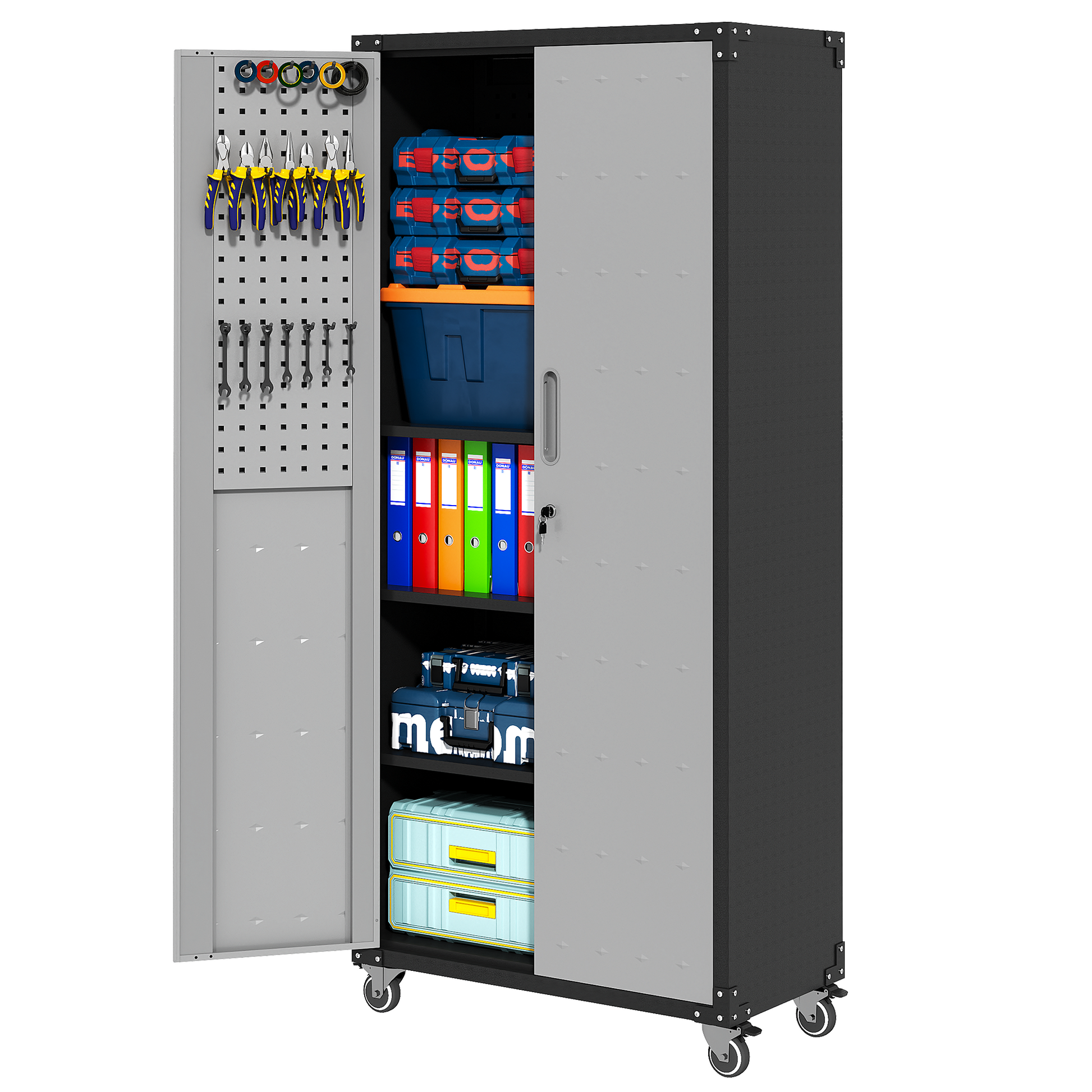 Enhanced Organization: Our Cabinet Comes Equipped With A Baffle System To Keep Small Parts And Components Organized And Secure.Convenient Mobility: Effortlessly Move Your Cabinet With Ergonomic Handl Black Gray Steel