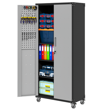 Enhanced Organization: Our Cabinet Comes Equipped With A Baffle System To Keep Small Parts And Components Organized And Secure.Convenient Mobility: Effortlessly Move Your Cabinet With Ergonomic Handl Black Gray Steel