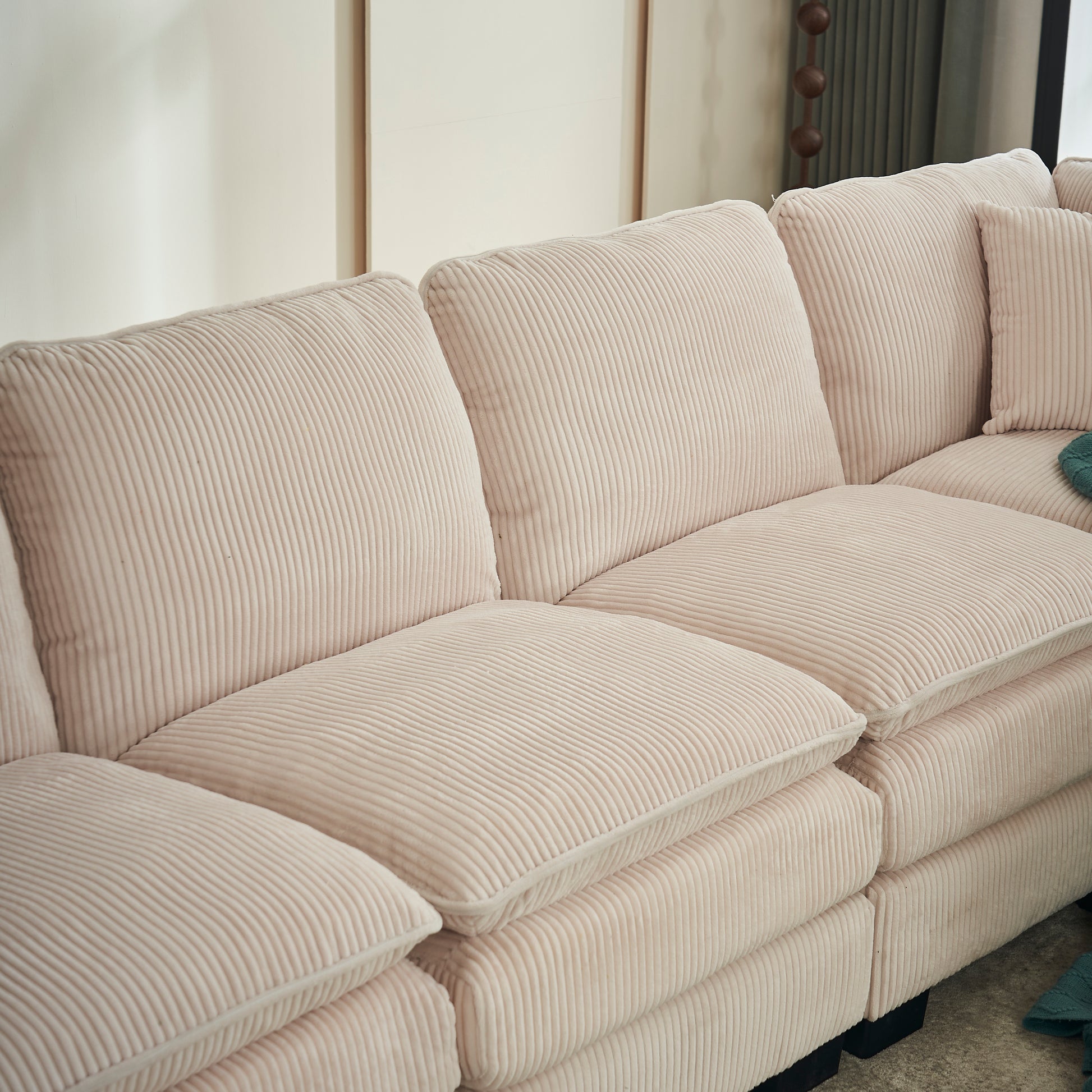 Modern U Shaped 6 Seat Sectional Sofa Couch With One Ottoman And Three Toss Pillows ,Modular Sofa For Living Room,Corduroy Sofa White Corduroy 7 Seat