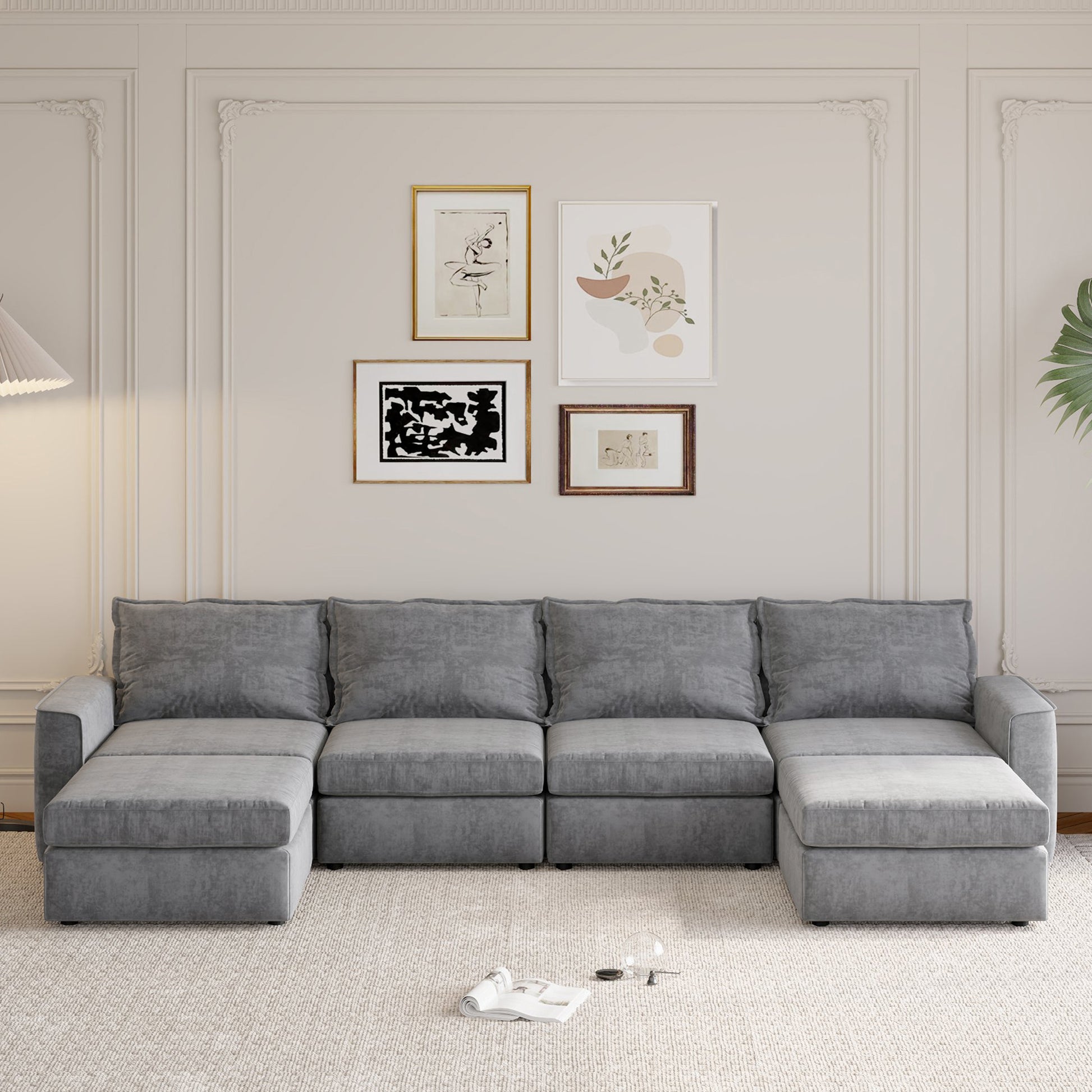 115*58" Chenille Modular Sectional Sofa,U Shaped Reversible Couch,Free Combination,6 Seat Sleeper Sofa Bed With Ottoman,Convertible Oversized Indoor Furniture For Living Room,Gray Gray Chenille 6 Seat