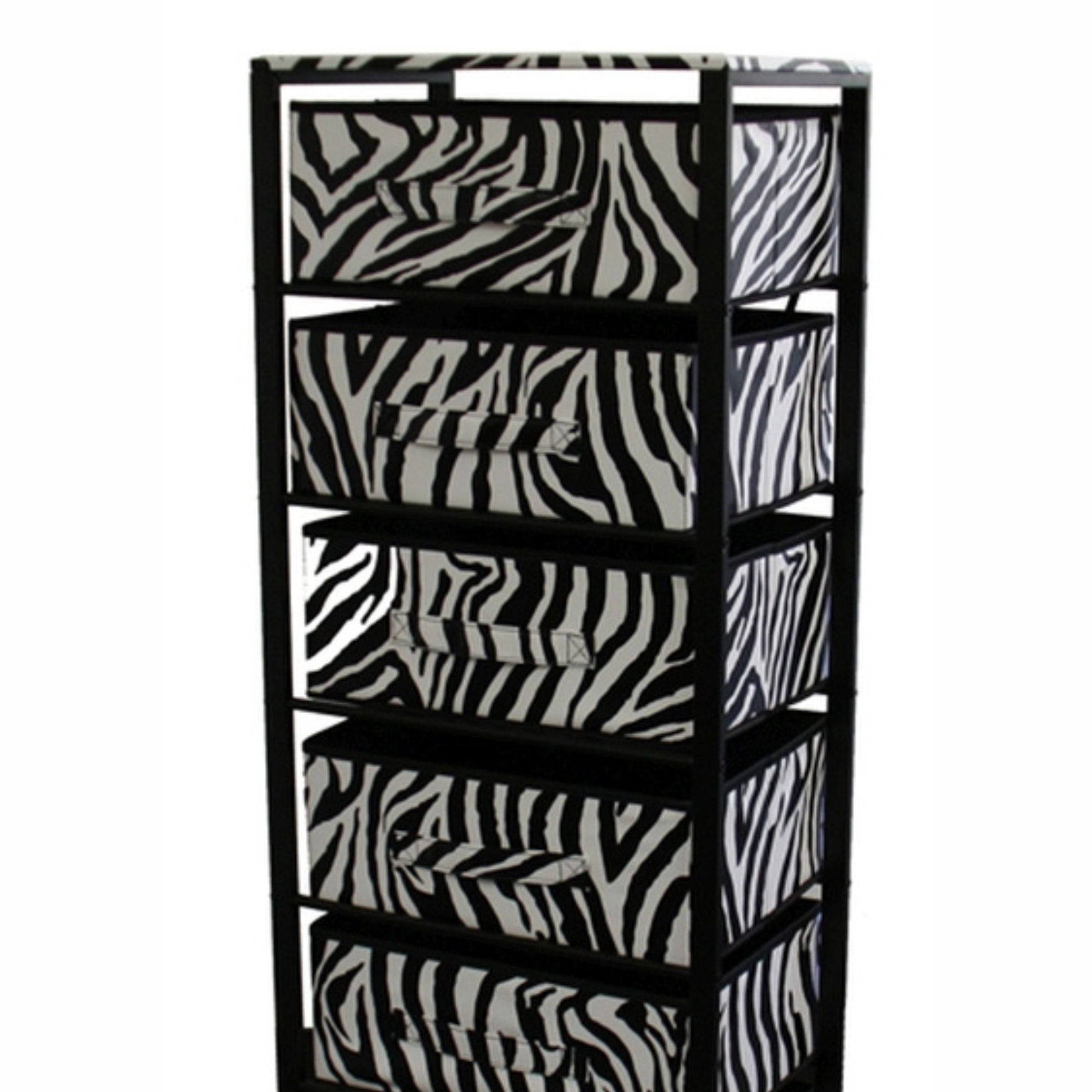 52.5" Tall Metal Shelf With 6 Drawers, Black Frame Rack On Wheels, Zebra Print Multicolor Metal