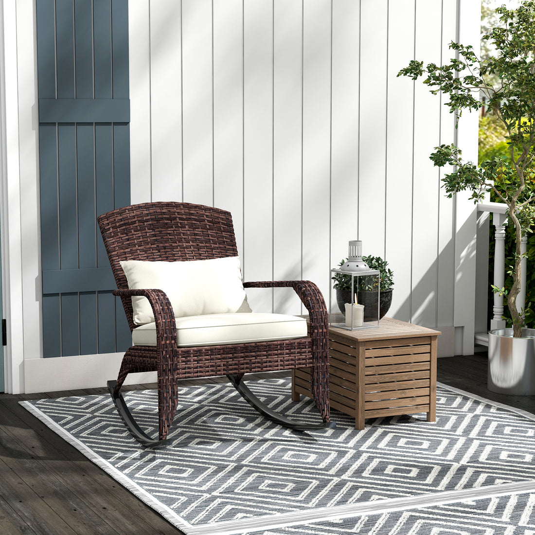 Outsunny Outdoor Wicker Adirondack Rocking Chair, Patio Rattan Rocker Chair With High Back, Seat Cushion, And Pillow For Garden, Porch, Balcony, Cream White White Rattan