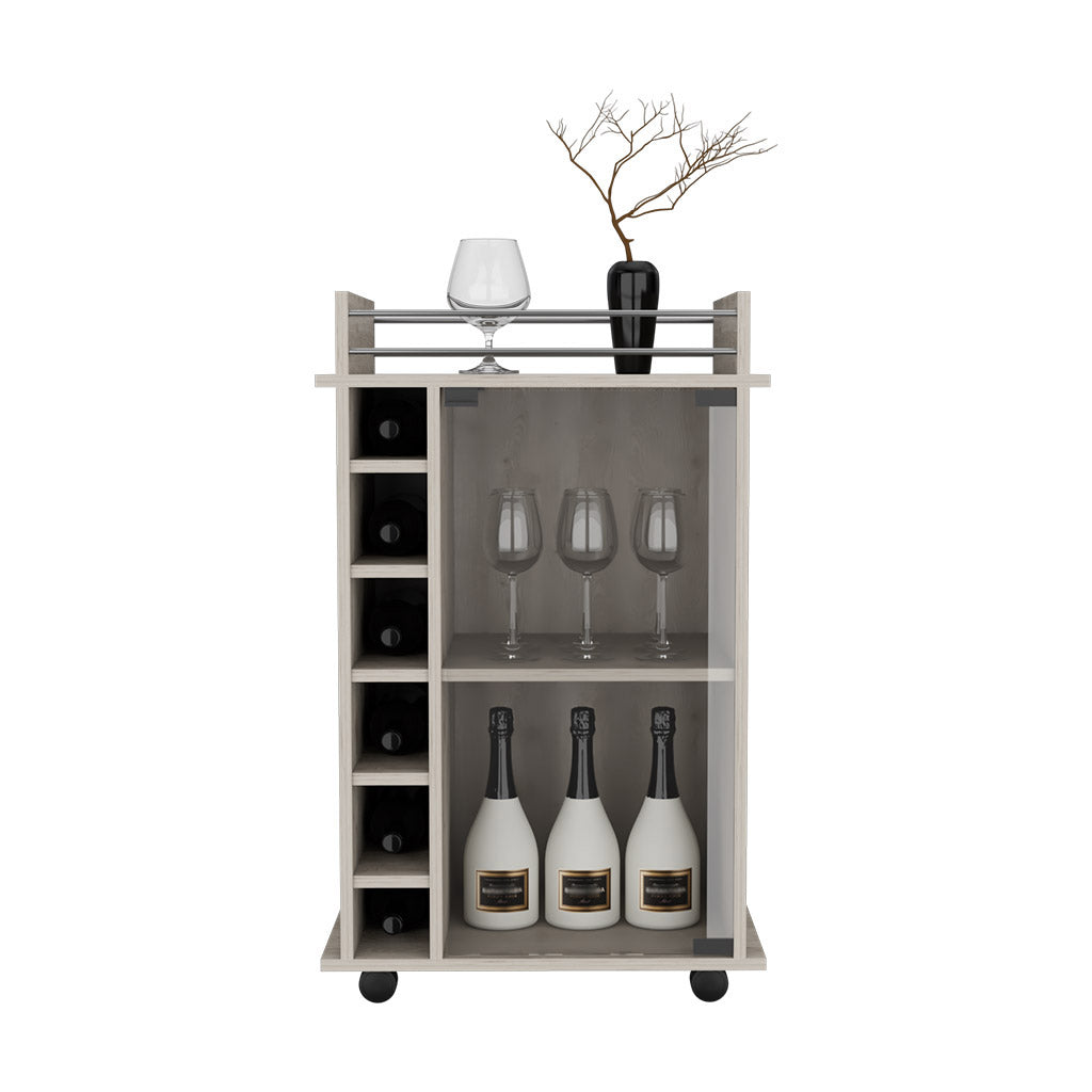 32" H Black Coffee Bar Cart, Kitchen Or Livingroom Storage With 4 Wheels, Division For 6 Bottles, 1 Internal Shelf With Capacity To Store Snacks, Bottles, Liquors Covered By A Glass Door Gray