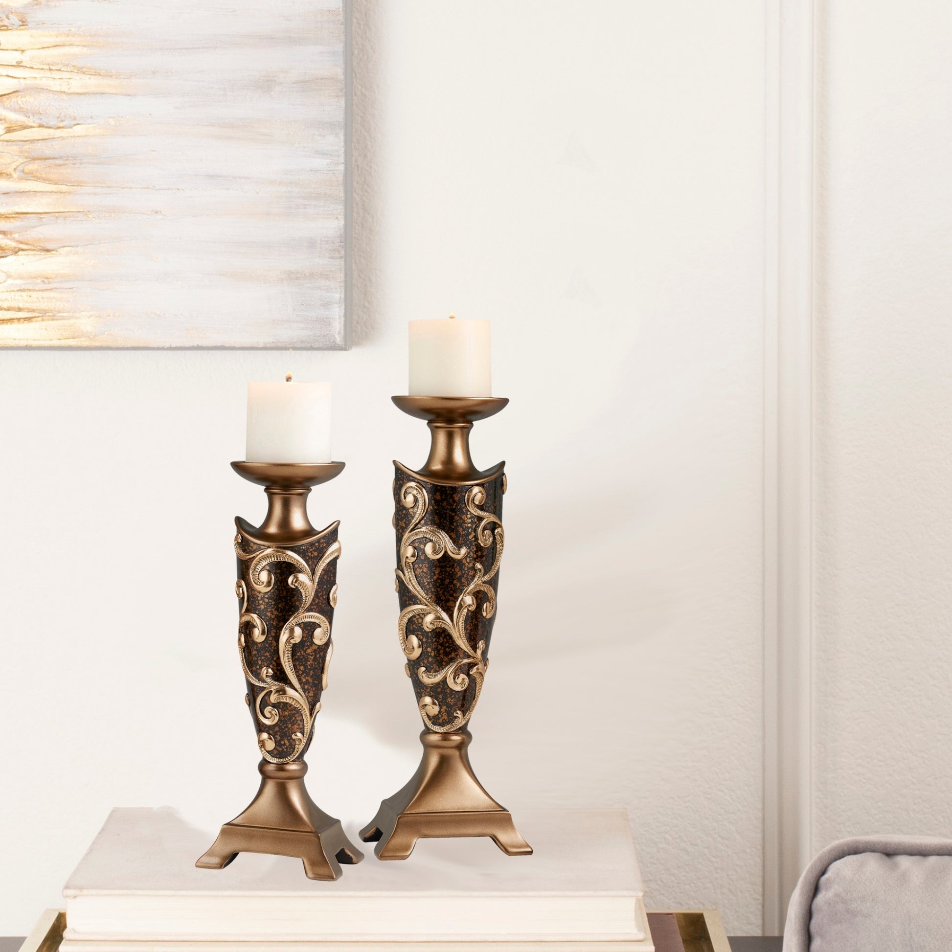 14" And 16" Tall Polyresin "Odysseus" Candleholder, Baroque Style Set Of 2 Multicolor Polyresin