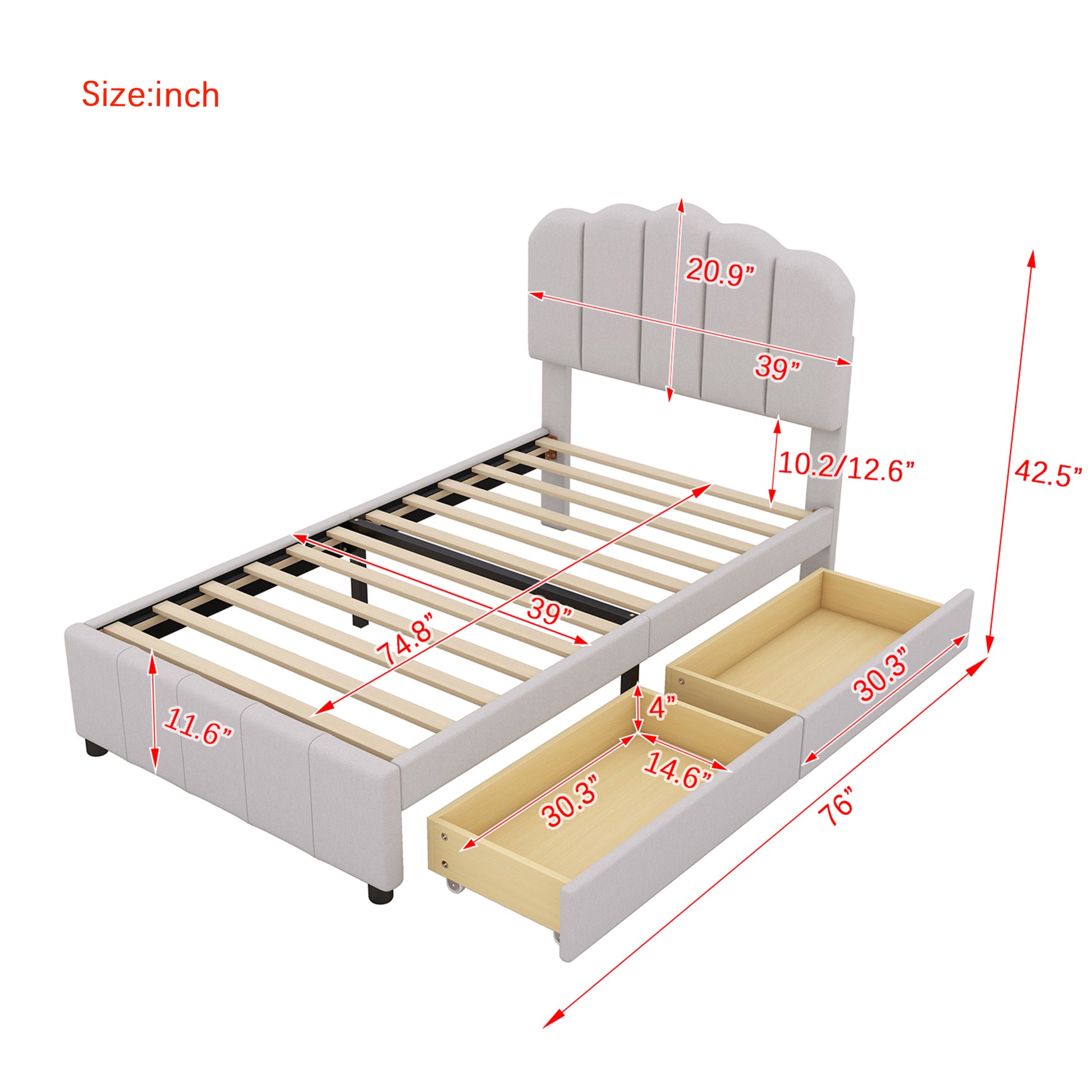 Twin Size Upholstered Bed With 2 Storage Drawers,Wood Slat Support, Beige Twin Beige Upholstered