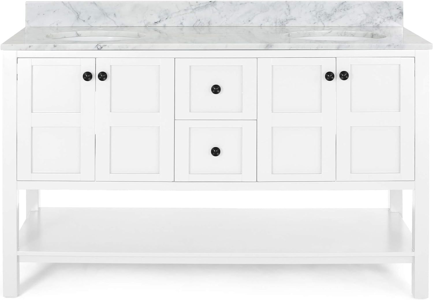 61'' Bathroom Vanity With Marble Top & Double Ceramic Sinks, 4 Doors, 2 Drawers, Open Shelf, White White Mdf