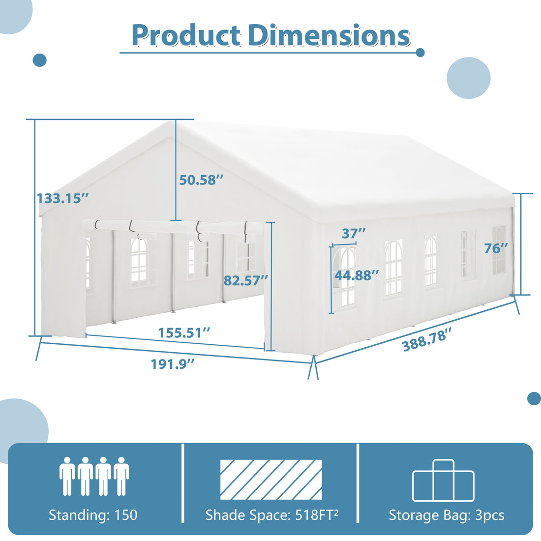 16X32Ft Party Tent Heavy Duty, Large Wedding Event Shelters With 3 Storage Bags & Removable Sidewalls, Outdoor Canopy Gazebo Commercial Tents For Parties Carport Camping Garden Patio White Metal