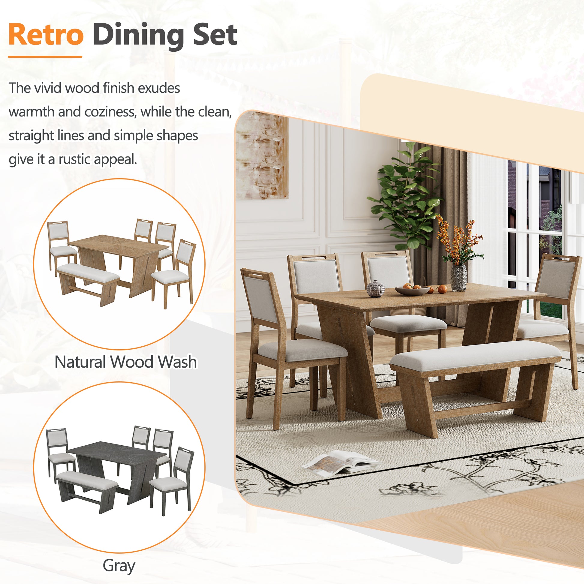 6 Piece Retro Dining Set, 1 Rectangular Table With Stable Trapezoidal Table Base And 4 Upholstered Chairs And 1 Bench For Dining Room And Kitchen Natural Wood Wash Natural Wood Wash Solid Wood Mdf