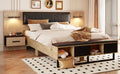 Queen Size Wood Platform Bed With Upholstered Headboard, Lights And Storage Nightstand, Bench, Walnut Box Spring Not Required Queen Walnut Wood Bedroom Bed Frame Faux Leather Solid Wood Mdf