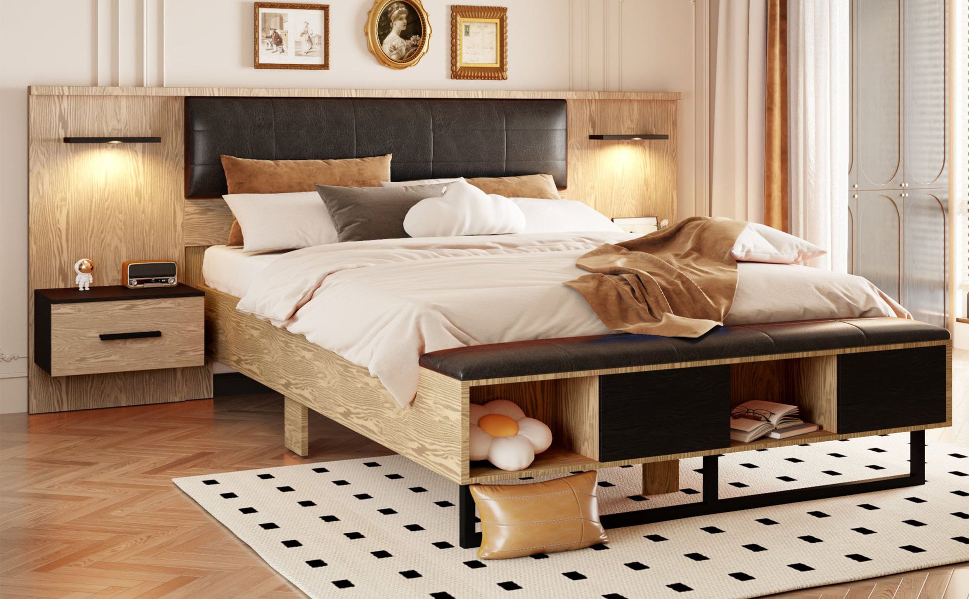 Queen Size Wood Platform Bed With Upholstered Headboard, Lights And Storage Nightstand, Bench, Walnut Box Spring Not Required Queen Walnut Wood Bedroom Bed Frame Faux Leather Solid Wood Mdf
