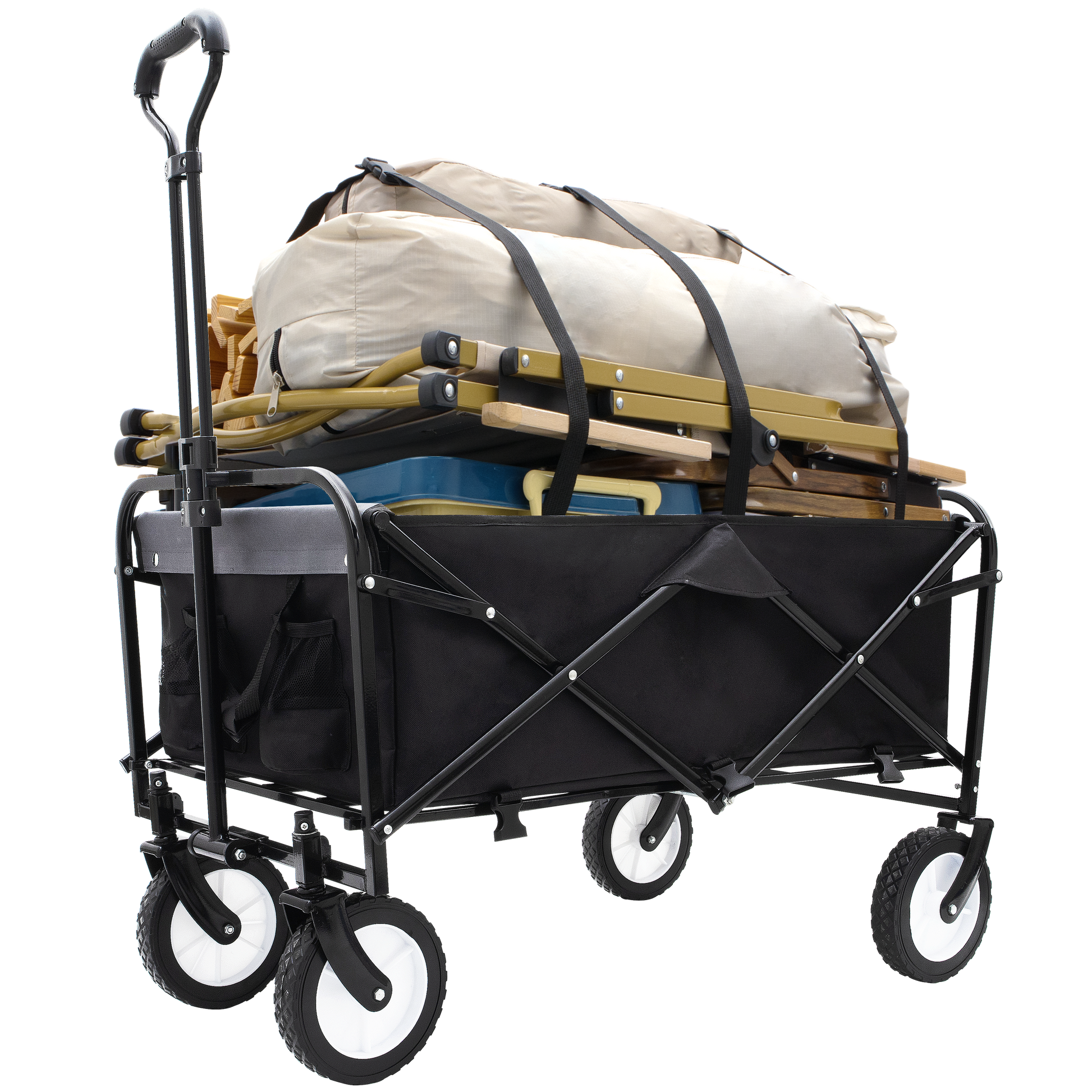 Collapsible Foldable Wagon Cart With Strapping System Beach Wagon Utility Cart Utility Wagon Grocery Cart For For Camping Shopping Sports Gardeing Fishing Supports 360Lbs All Terrain Wheels Black