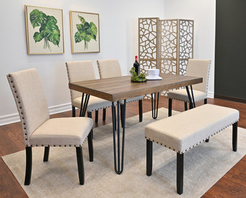 Amisos 6 Piece Dining Set, Hairpin Dining Table With 4 Chairs And Upholstery Bench, 3 Color Options Wood Brown Seats 6 Brown Metal Dining Room Fixed Table Rubberwood Rectangular 4 Leg Rectangular Dining Table With Chair And Bench Mdf