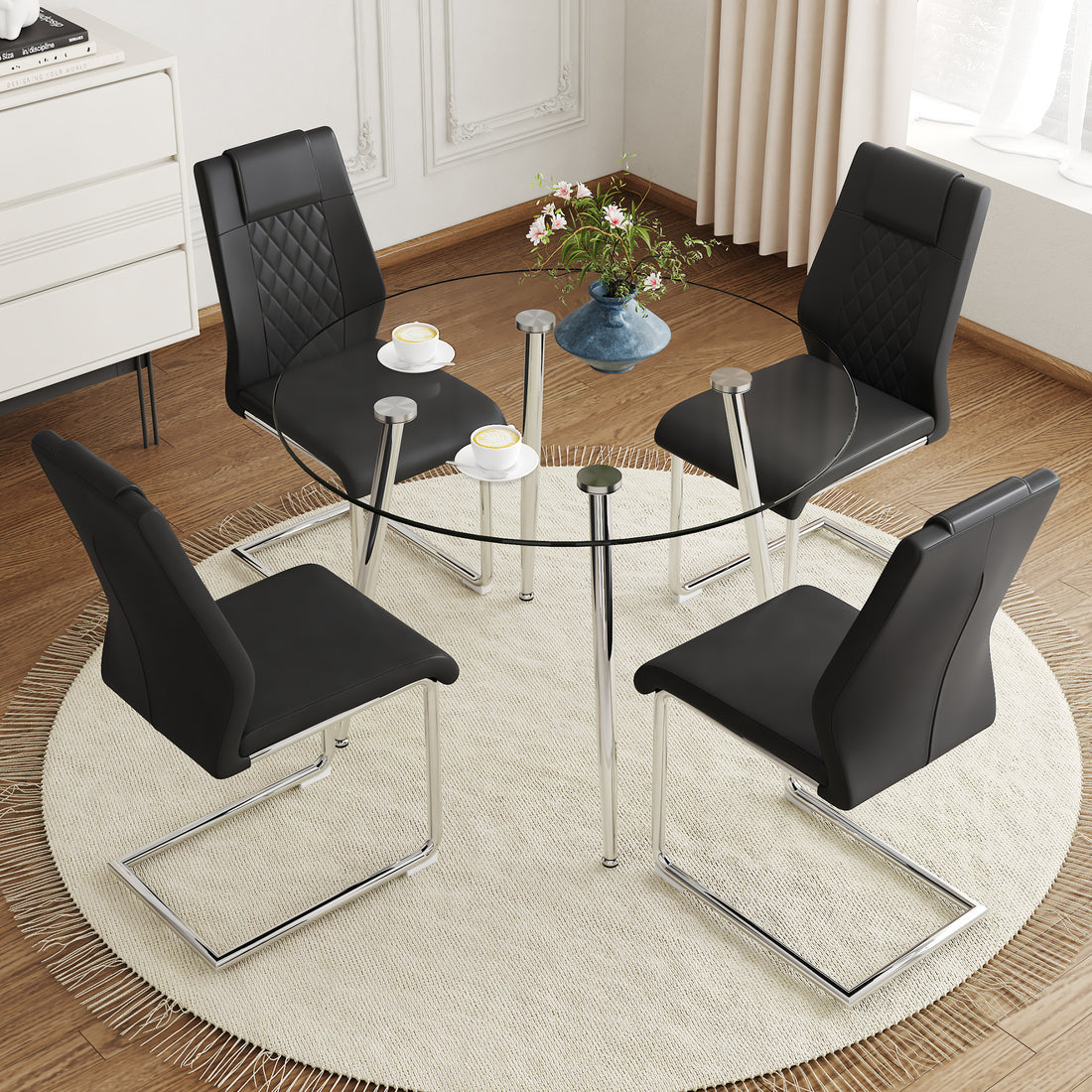 Table And Chair Set.A Modern Minimalist Round Dining Table With Transparent Tempered Glass Top And Silver Metal Legs,And 4 Chairs With Pu Backrest And Seat Cushion And Silver C Tube Metal Legs. Black,Transparent Seats 4 Glass Metal