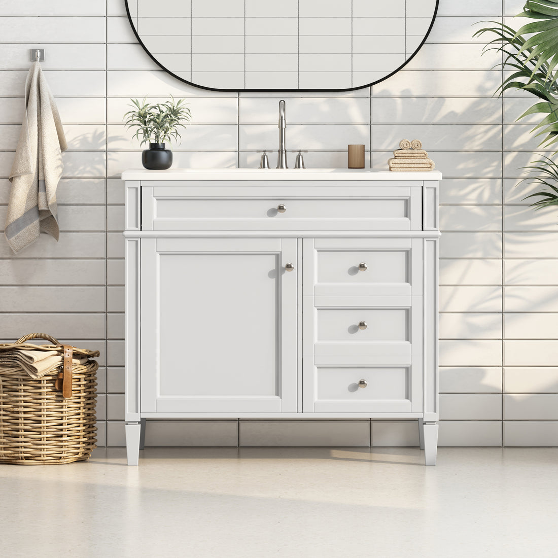 36'' Bathroom Vanity With Top Sink, Modern Bathroom Storage Cabinet With 2 Drawers And A Tip Out Drawer, Single Sink Bathroom Vanity White Bathroom Solid Wood Mdf Resin