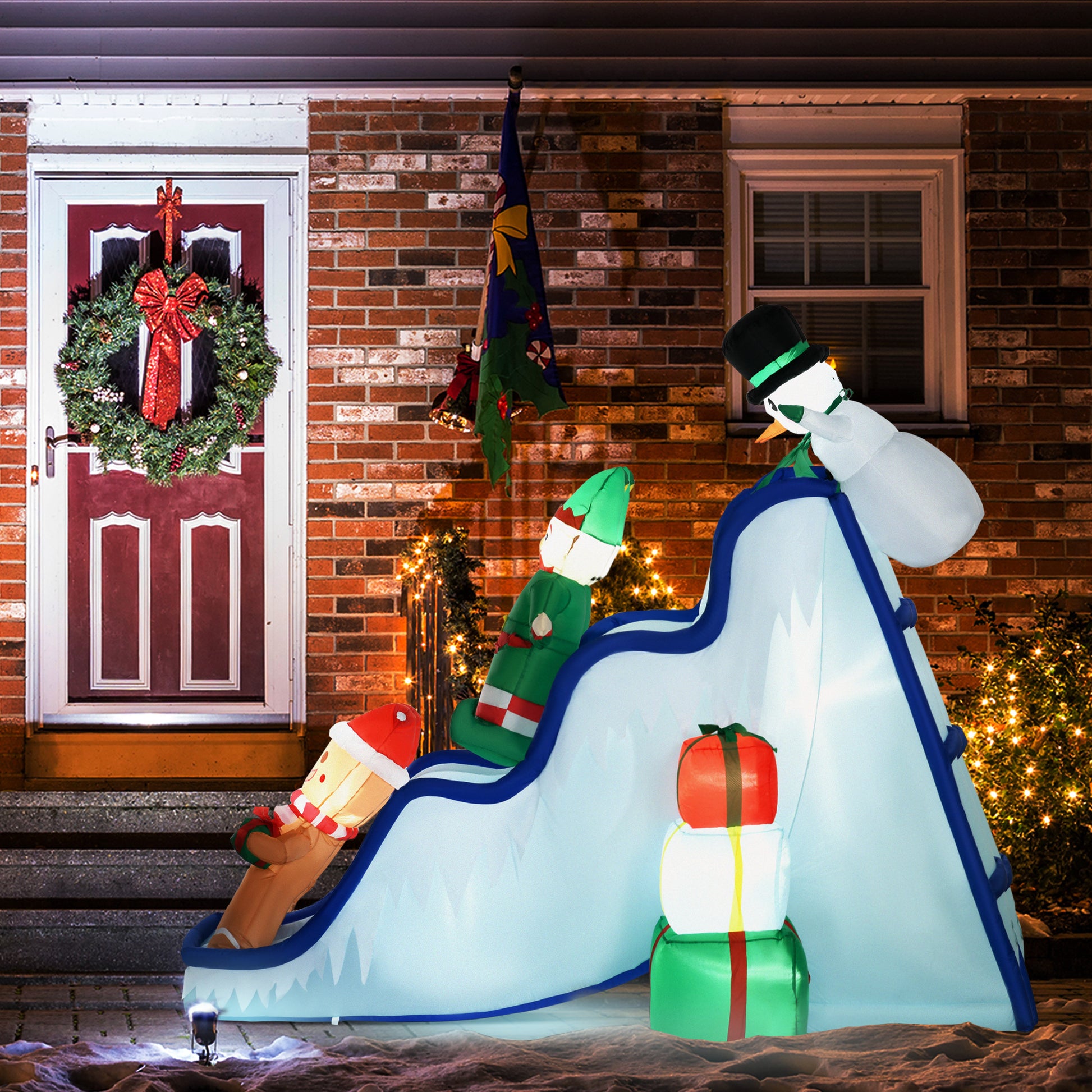 Homcom 8.5Ft Long Christmas Inflatable Snowman Elf And Gingerbread Man Multicolor Polyester