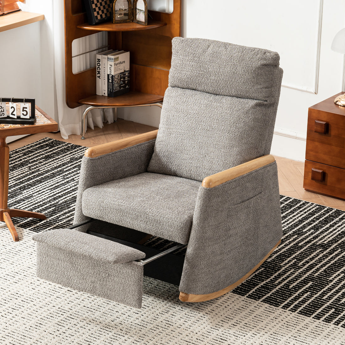 Accent Rocking Chair With Footrest High Back Rubber Wood Rocking Legs Bedroom Living Space 38.6D X 26.8W X 40.6H Inch Grey Rubber Wood