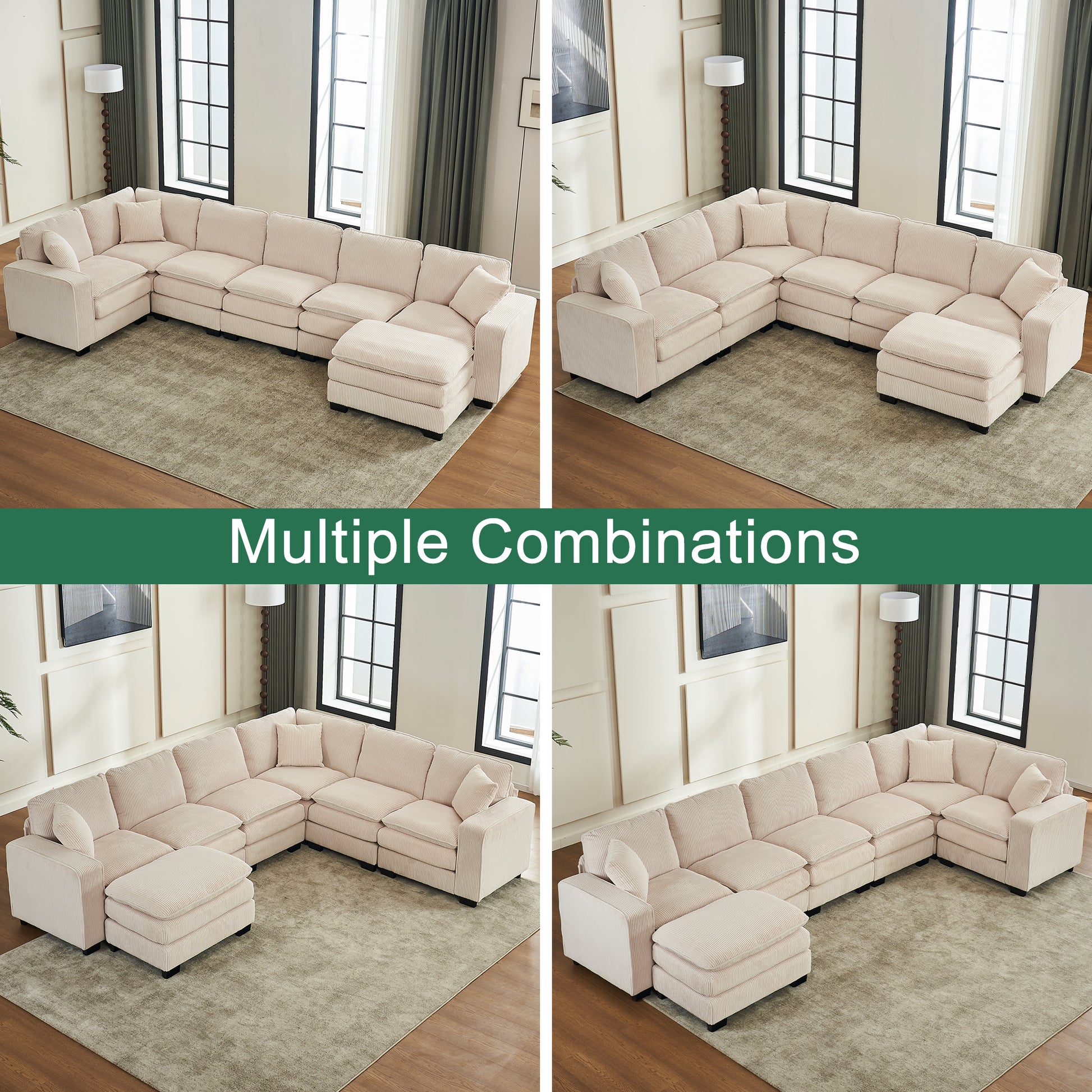 Modern U Shaped 6 Seat Sectional Sofa Couch With One Ottoman And Three Toss Pillows ,Modular Sofa For Living Room,Corduroy Sofa White Corduroy 7 Seat