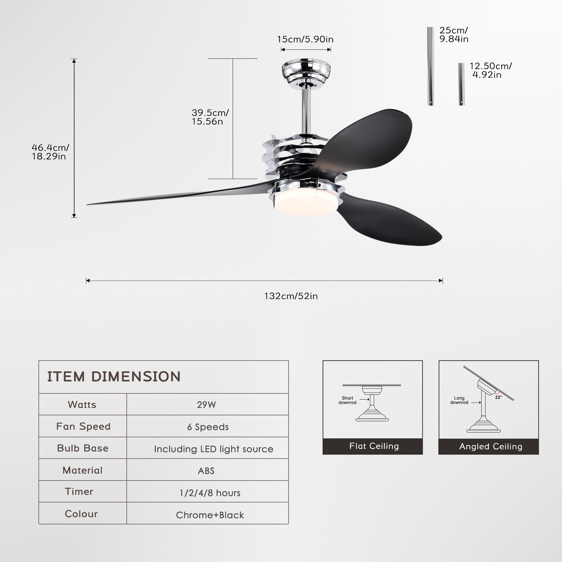 52'' Abs Blades Ceiling Fan With Lights And Remote 6 Speeds Adjustable Dc Motor Modern Ceiling Fan With 3 Abs Fan Blades & 2 Down Rods, Indoor Ceiling Fan With Light For Home Use Chrome American Design Abs Metal