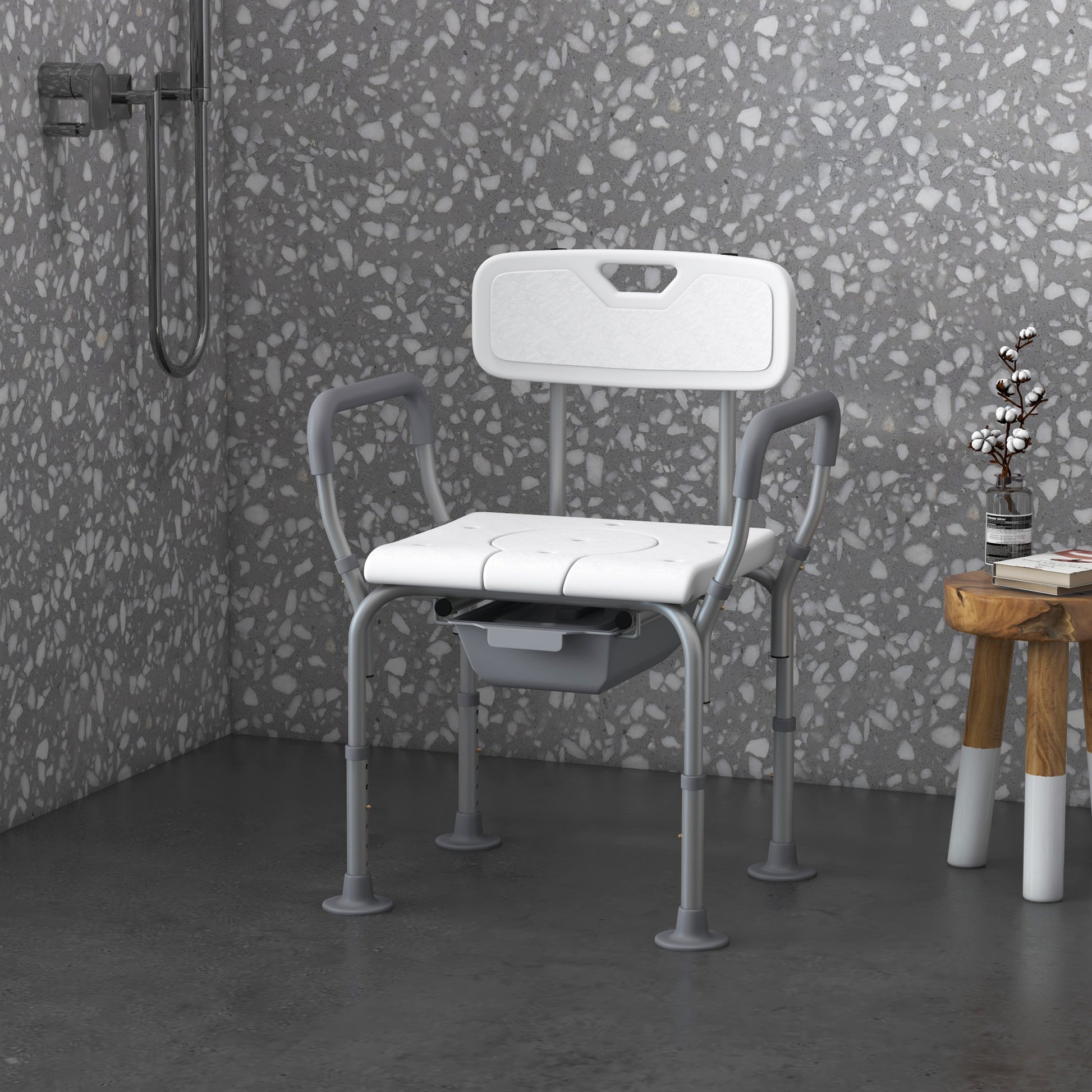 Homcom 3 In 1 Shower Chair With Back And Arms, Height Adjustable Bedside Commode, Raised Toilet Seat With Non Slip Rubber Foot Pad For Seniors, Disabled, White White Aluminum