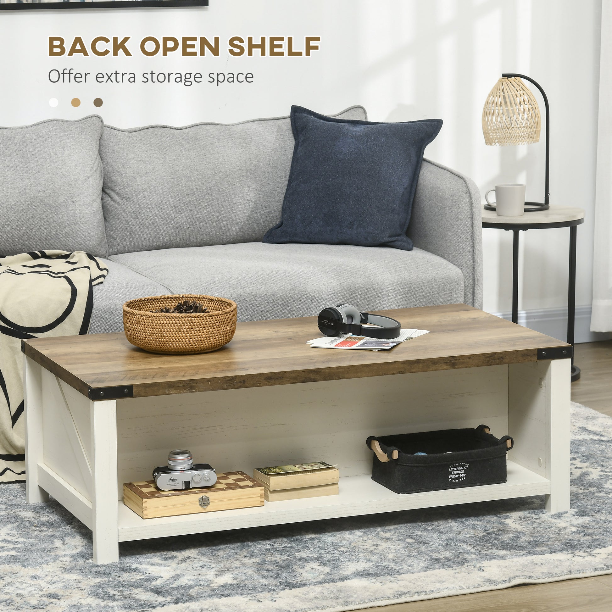 Homcom Farmhouse Coffee Table With Storage And Drawer, Rustic Coffee Table For Living Room, Open Shelf, White White Deep Walnut Particle Board