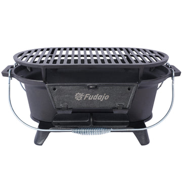 Oval Cast Iron Grill Outdoor, Portable Charcoal Grill And Tabletop Cast Iron Set 100% Cast Iron, Enameled, Durable, Small Charcoal Grill, Camping Stove, Hibachi Grill Black Iron