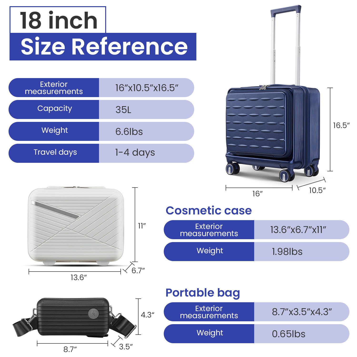 18" Carry On Luggage With Front Open Door &Laptop Interlayer, Hard Shell Suitcase Built In Tsa Luggage Lock, Hardside Lightweight Pc Travel Suitcase For Women Men With Spinner Wheels Airline Approved Navy Blue Pc