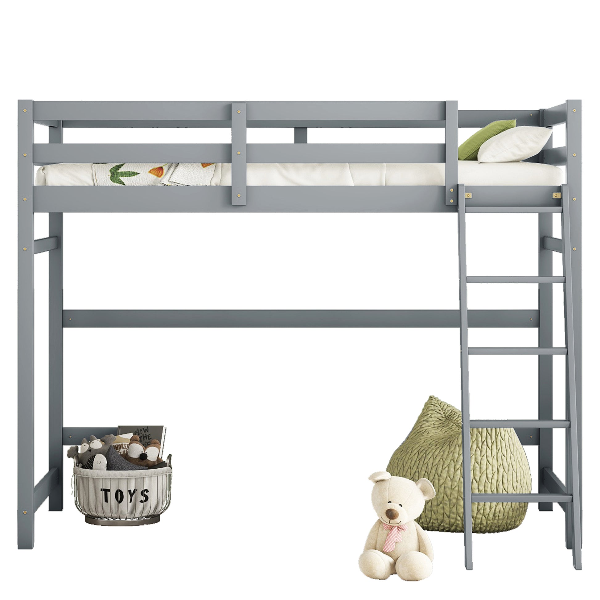 Twin Size High Loft Bed With Inclined Ladder, Guardrails,Grey Twin Grey American Design Pine