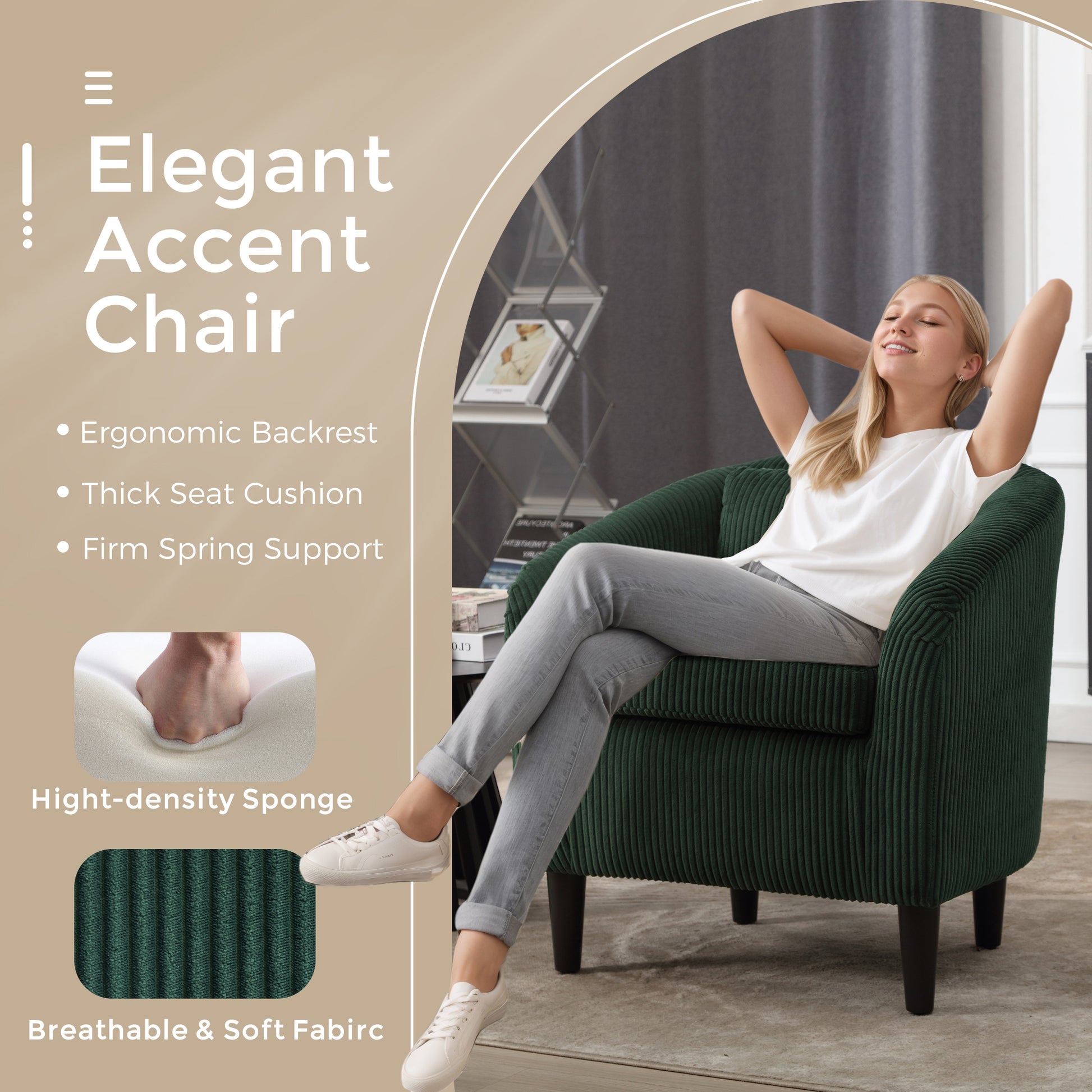 Coolmore Living Room Accent Barrel Chair, Century Modern Style Decorative Chair, Armchair For Living Room With Thick Cushions And Pillows, Comfy Single Sofa Chair, Chair With Wooden Legs Emerald Corduroy
