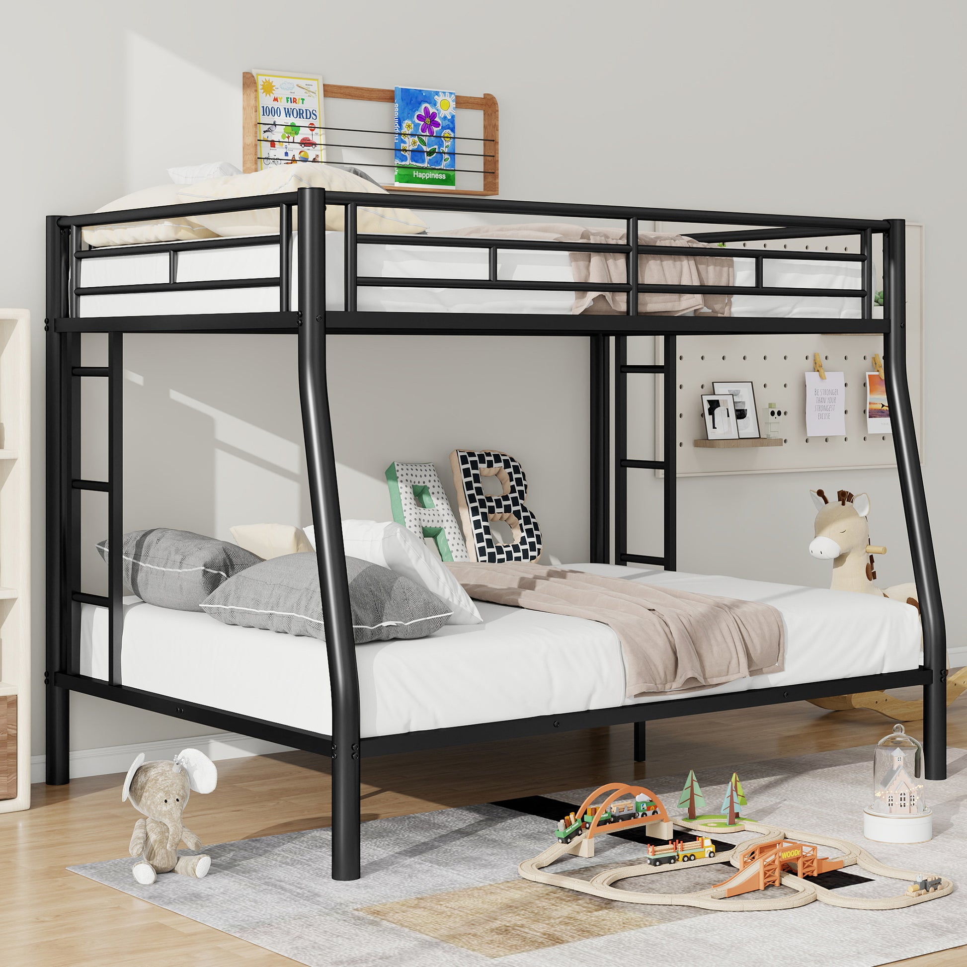 Full Xl Over Queen Metal Bunk Bed With Ladder And Guardrails, Black Expected Arrival Time: 9.7 Box Spring Not Required Full Xl Black Metal Metal