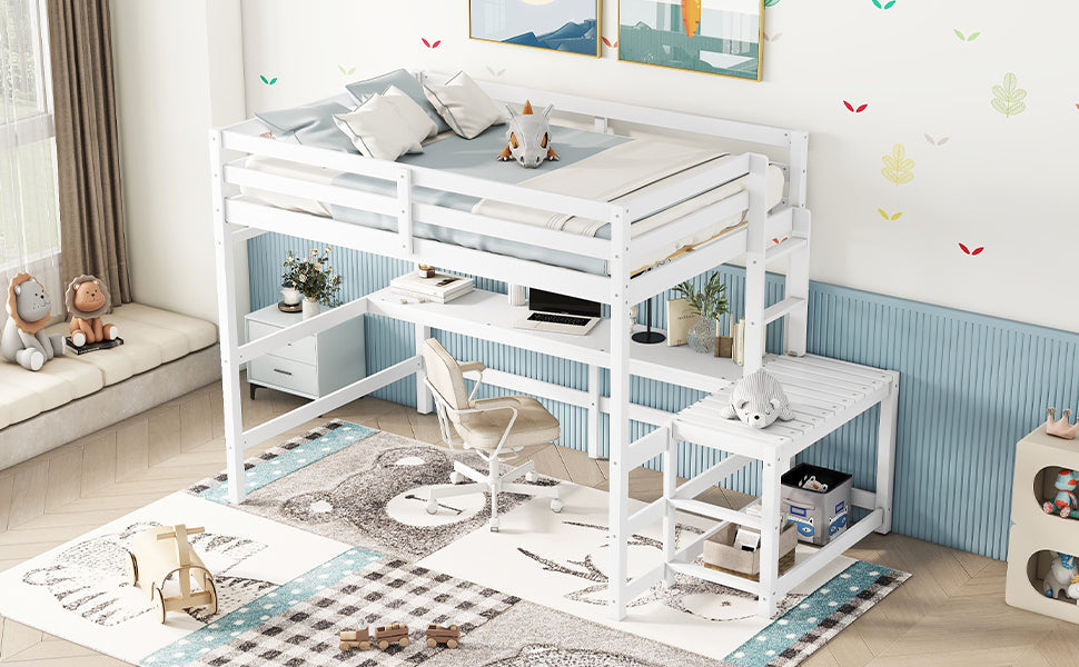 Full Loft Bed With Built In Desk, Ladder Platform, Ladders, Guardrails,White Full White Bedroom American Design Pine