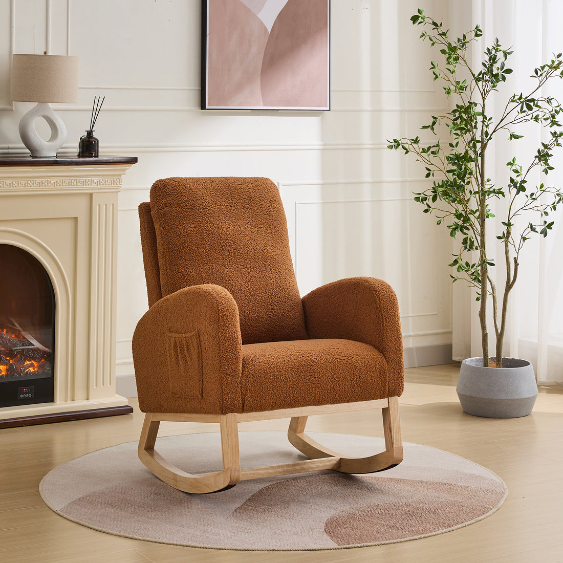 27.2"W Rocking Chair For Nursery, Sherpa Glider Chair With High Back And Side Pocket, Rocking Accent Armchair With Rubber Wood Legs For Living Room Bedroom.Caramel Caramel Sherpa