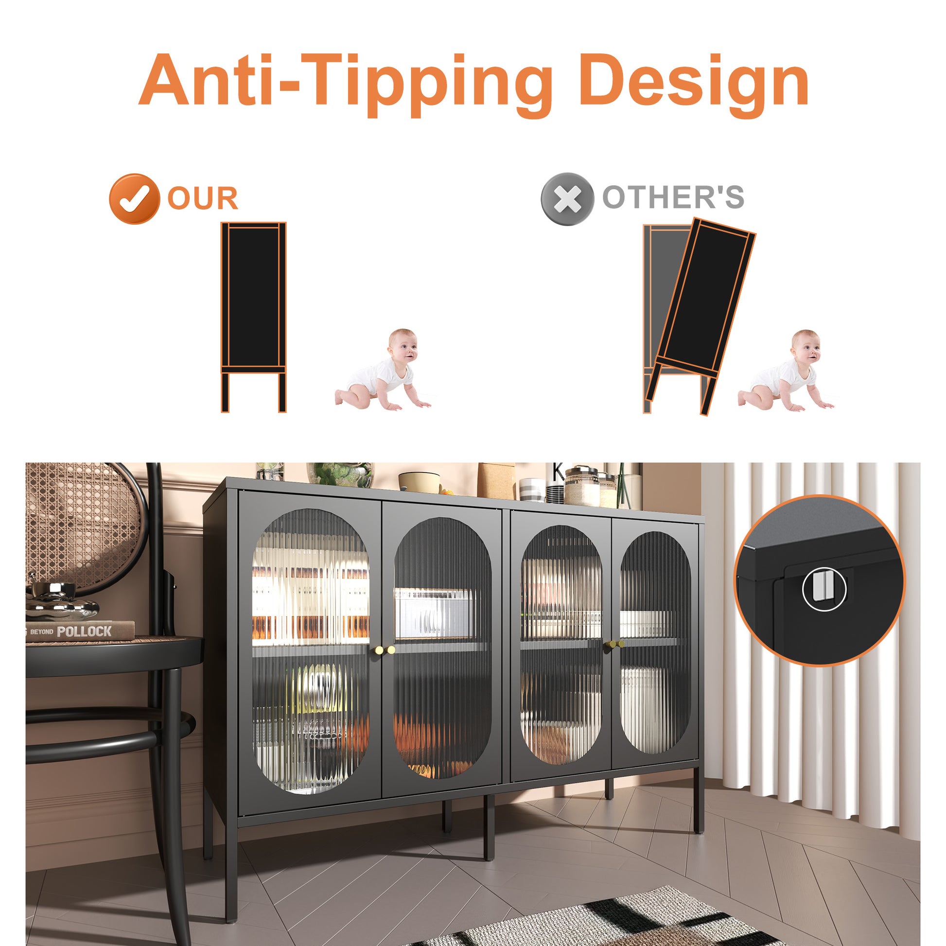 Metal Sideboard Cabinet With 4 Glass Door, Steel Locker Sideboard Buffet Cabinet, Sideboard Buffet Cabinet With 4 Doors, Kitchen Storage Cabinet, Coffee Bar Cabinet For Kitchen, Living Room, Black