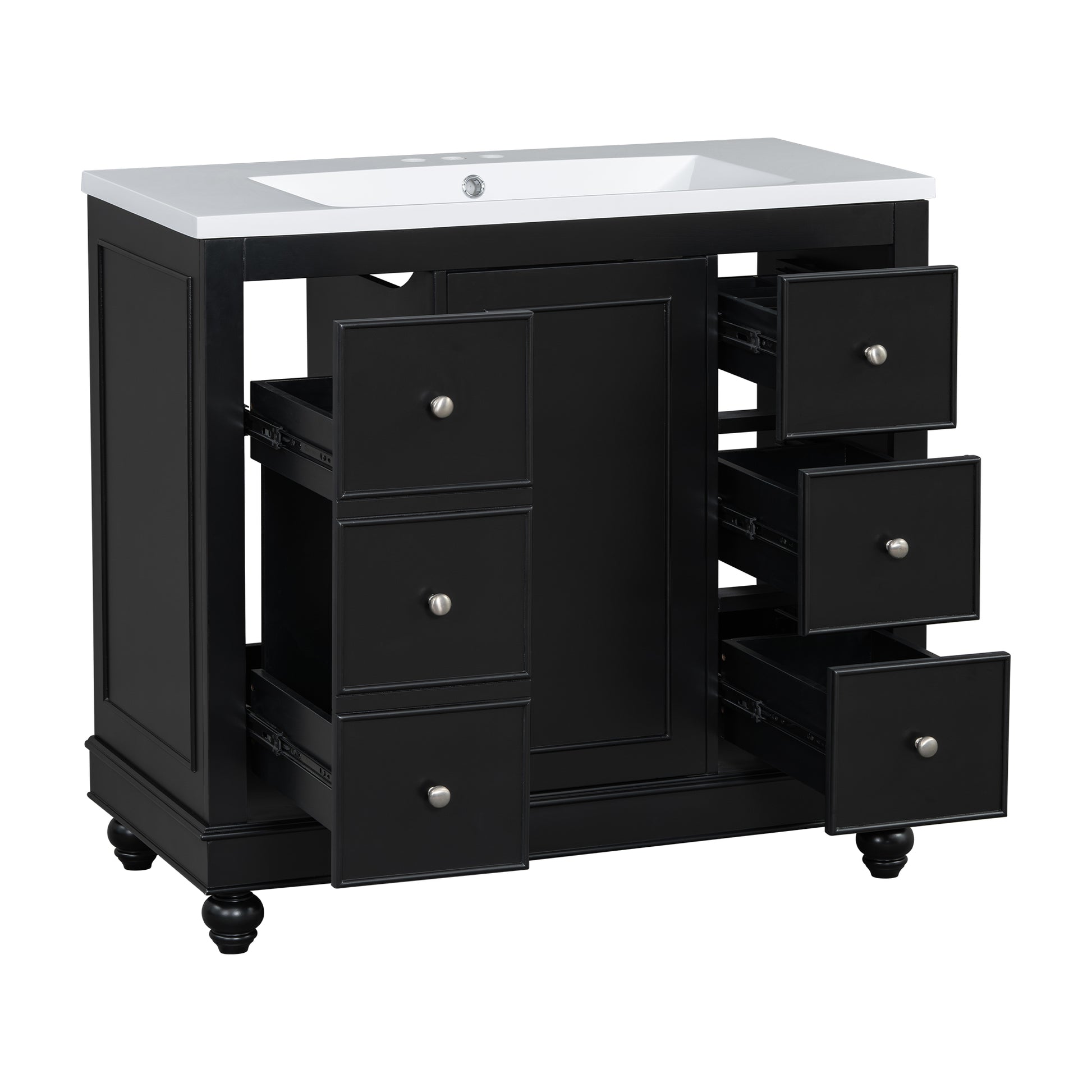 Contemporary Black Bathroom Vanity Cabinet 36X18X34 Inches, 4 Drawers & 1 Cabinet Door, Multipurpose Storage, Resin Integrated Sink, Adjustable Shelves, Solid Wood Frame With Mdf Black Bathroom