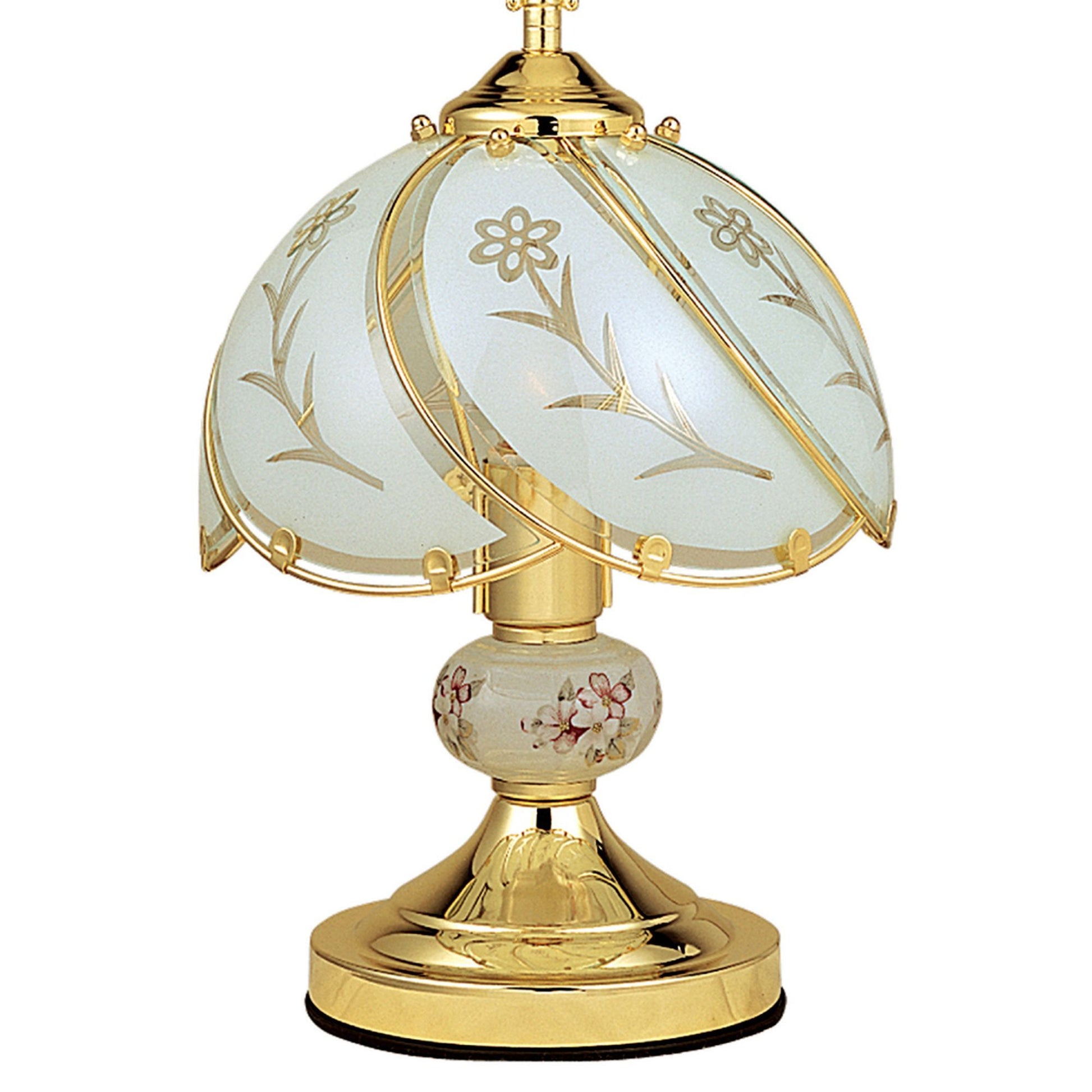 14.25" Tall Touch Table Lamp, Brushed Gold Finish, Floral Patterned Glass Shade Gold Metal