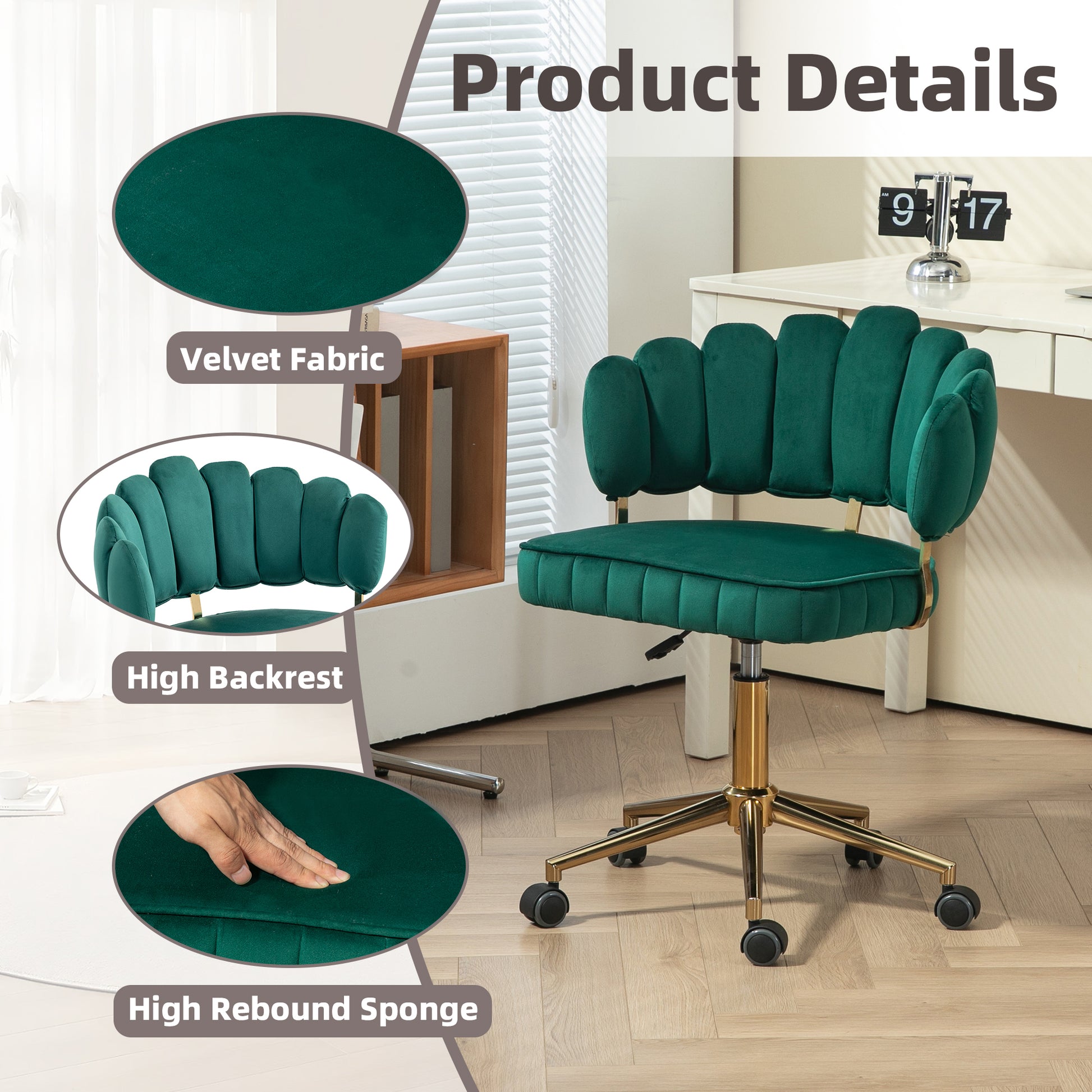 Coolmore Velvet Home Office Desk Chair, Modern Cute Computer Chair, Wheels Swivel Height Adjustable Swivel Task Chair For Home Office Emerald Velvet Emerald Primary Living Space Foam Velvet