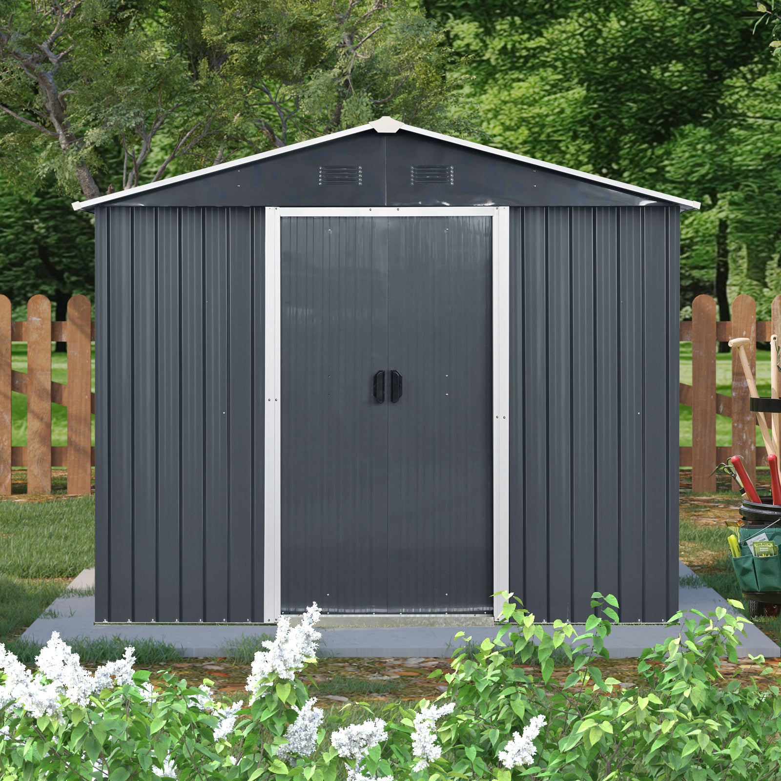 8Ft X 4Ft Outdoor Metal Storage Shed With Window And Metal Foundation For Backyard, Patio, Lawn Black And White Black White Metal