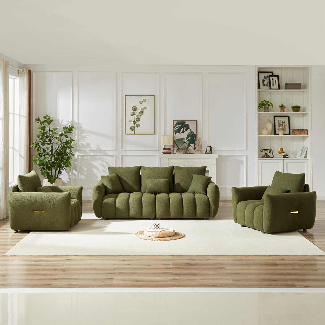 3 Seater 1 Seater 1 Seater, Combo Sofa Modern Living Room Sofa, Teddy Sofa, Wooden Frame, 5 Cushions, Apartment Sofa Furniture Green Wood Primary Living Space Pine Foam Fabric 5 Seat